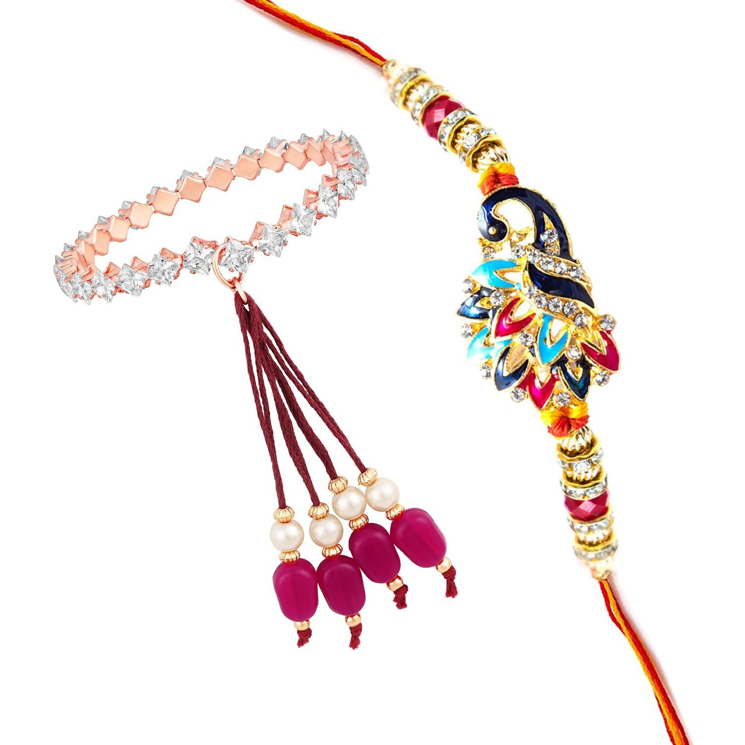 Mahi Combo Of Lumba And Brother Rakhi Pair For Bhaiya And Bhabhi With Crystal And Cubic Zirconia (Cz) (Rcol1105572M)
