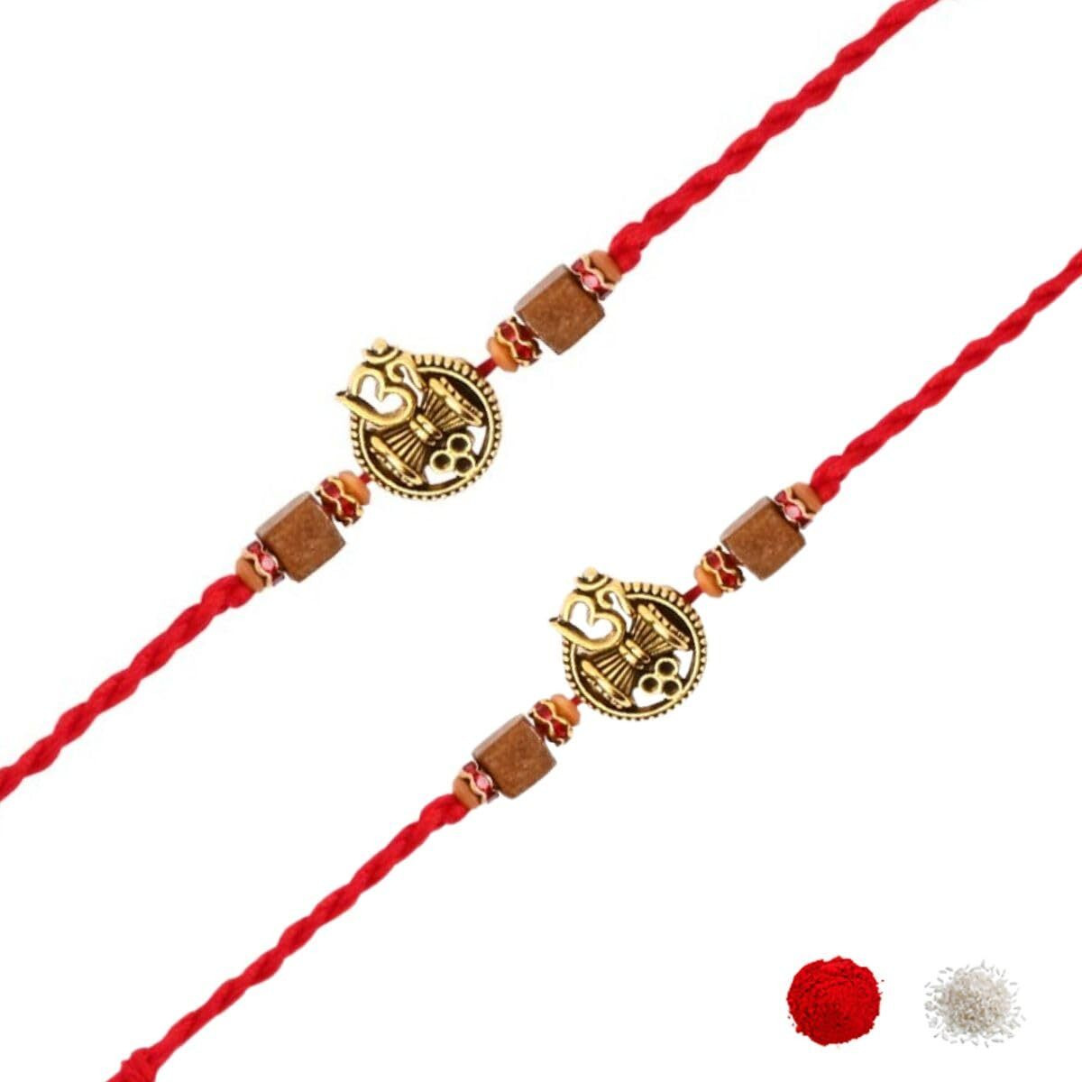 I Jewels Om Design Rakhi With Roli Chawal & Rakshabandhan Card For Men/Bro/Brother (R346-2) (Pack Of 2)