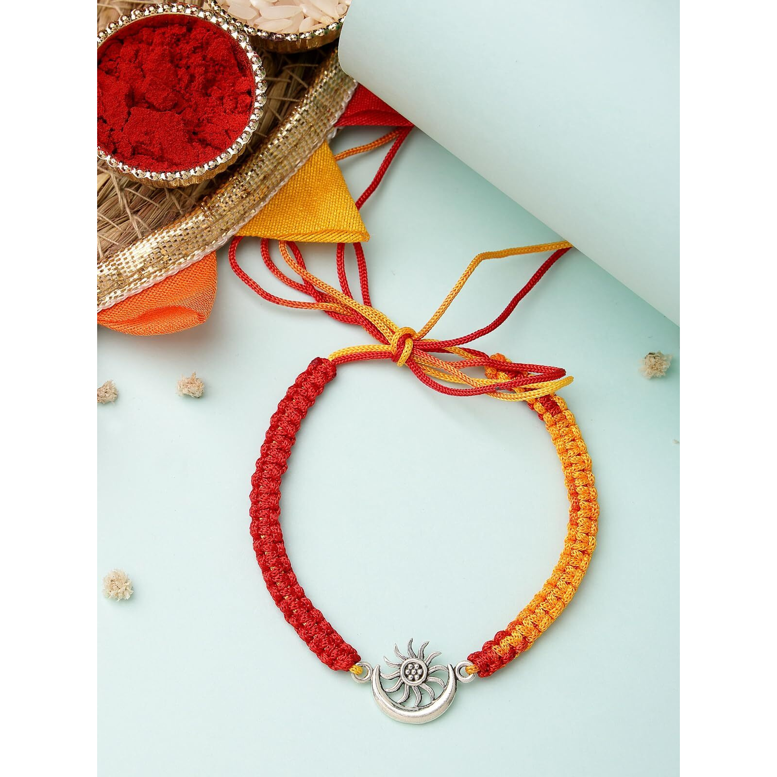 Sukkhi Rakhi 925 Sterling Silver Sun With Moon Silver Rakhi Bracelet For Men With Roli Chawal & Free Greeting Card With Certificate Of Authenticity | 925 Silver Rakhi For Brother | Rak106989