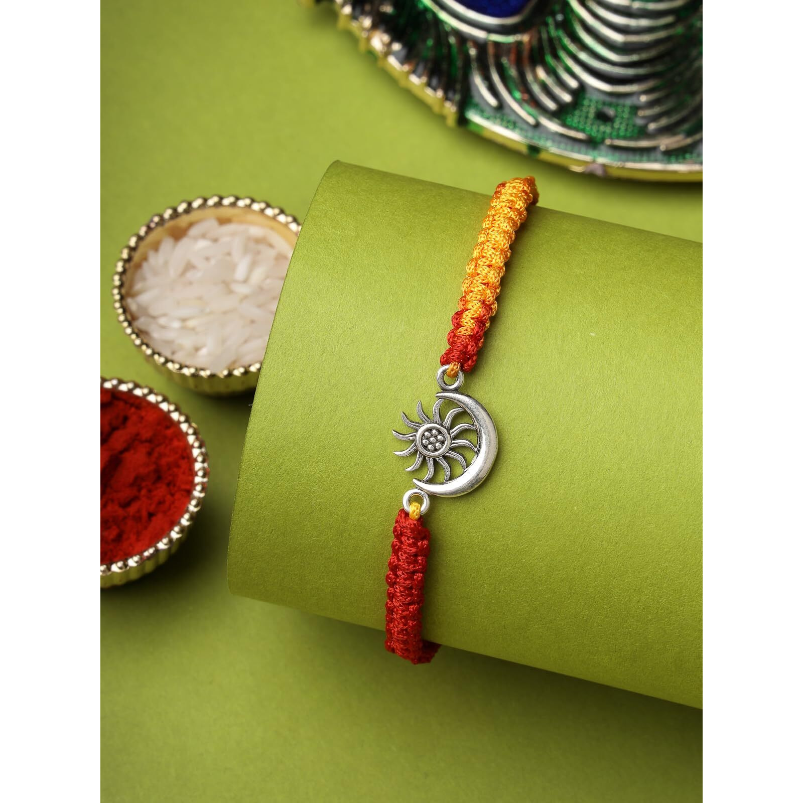 Sukkhi Rakhi 925 Sterling Silver Sun With Moon Silver Rakhi Bracelet For Men With Roli Chawal & Free Greeting Card With Certificate Of Authenticity | 925 Silver Rakhi For Brother | Rak106989