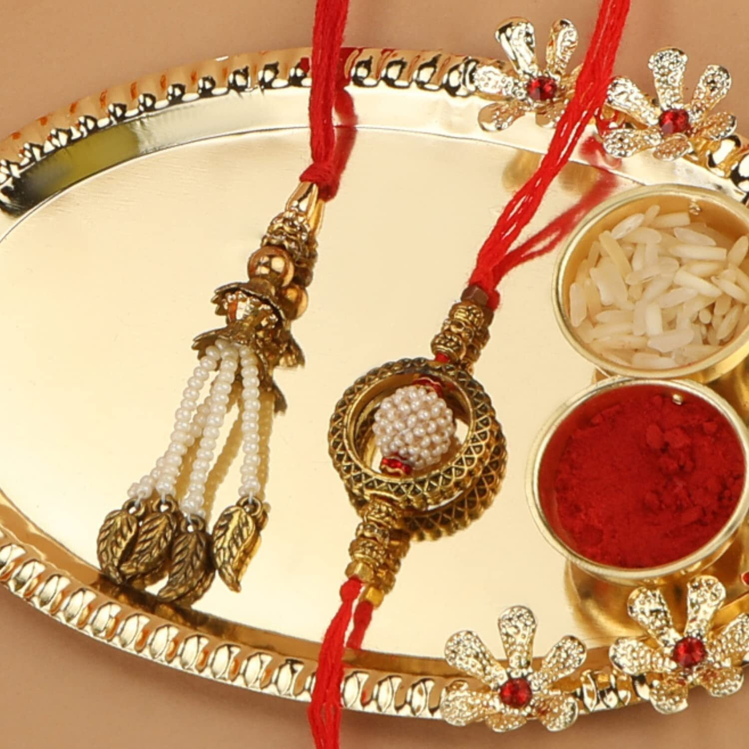 Accessher Mens Traditional Gold Plated Bhaiyya Bhabhi Pearl Lumba Rakhi For Beloved Brother Set Of 2 With Roli Kumkum Packets And Happy Rakshabandhan Card