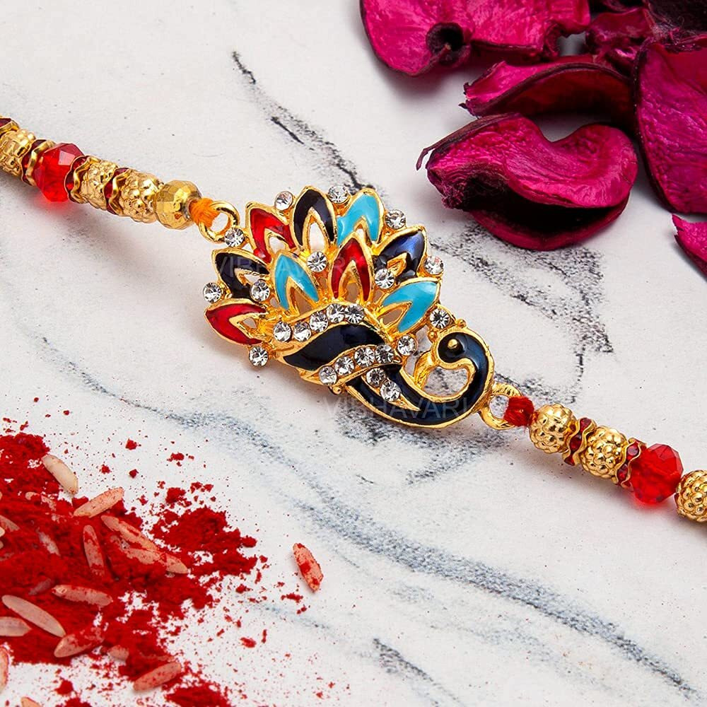 Vibhavari Men's Peacock Rakhi For Brother With Tilak Material And Greeting Card