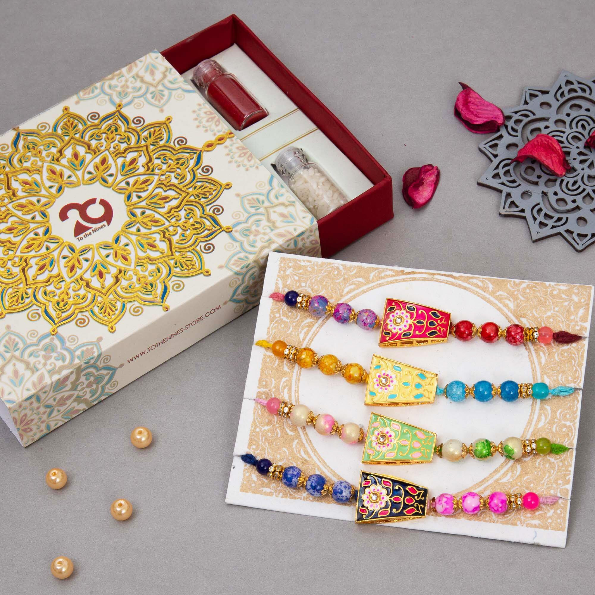 To The Nines Men's Elegant Designer Rakhis (Rakhi Combo Of 4) With Tilak Material