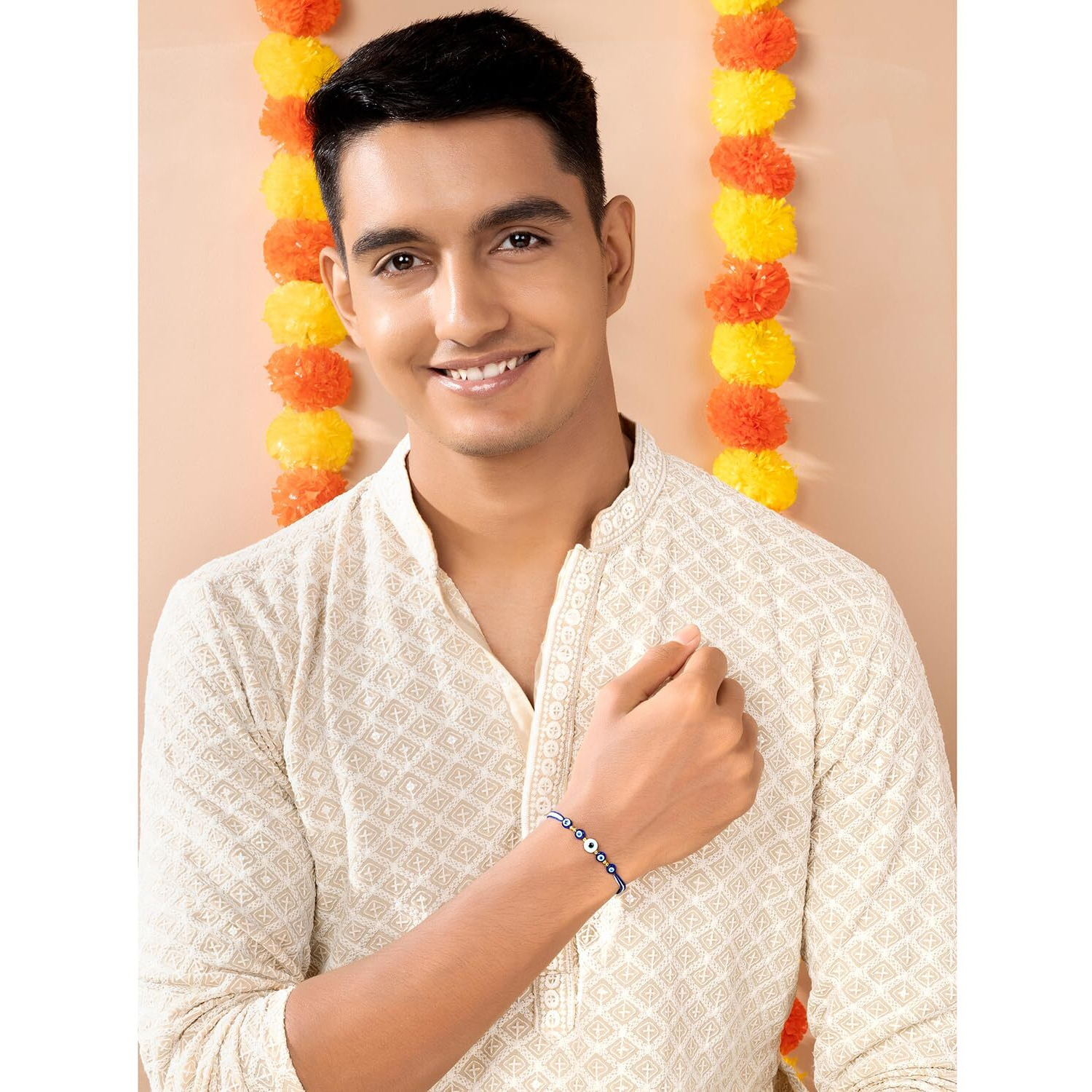 Peora 925 Sterling Silver Evil Eye Rakhi For Brother Bhaiya | Blue & White Thread | Raksha Bandhan Hamper With Roli Chawal Greeting Card