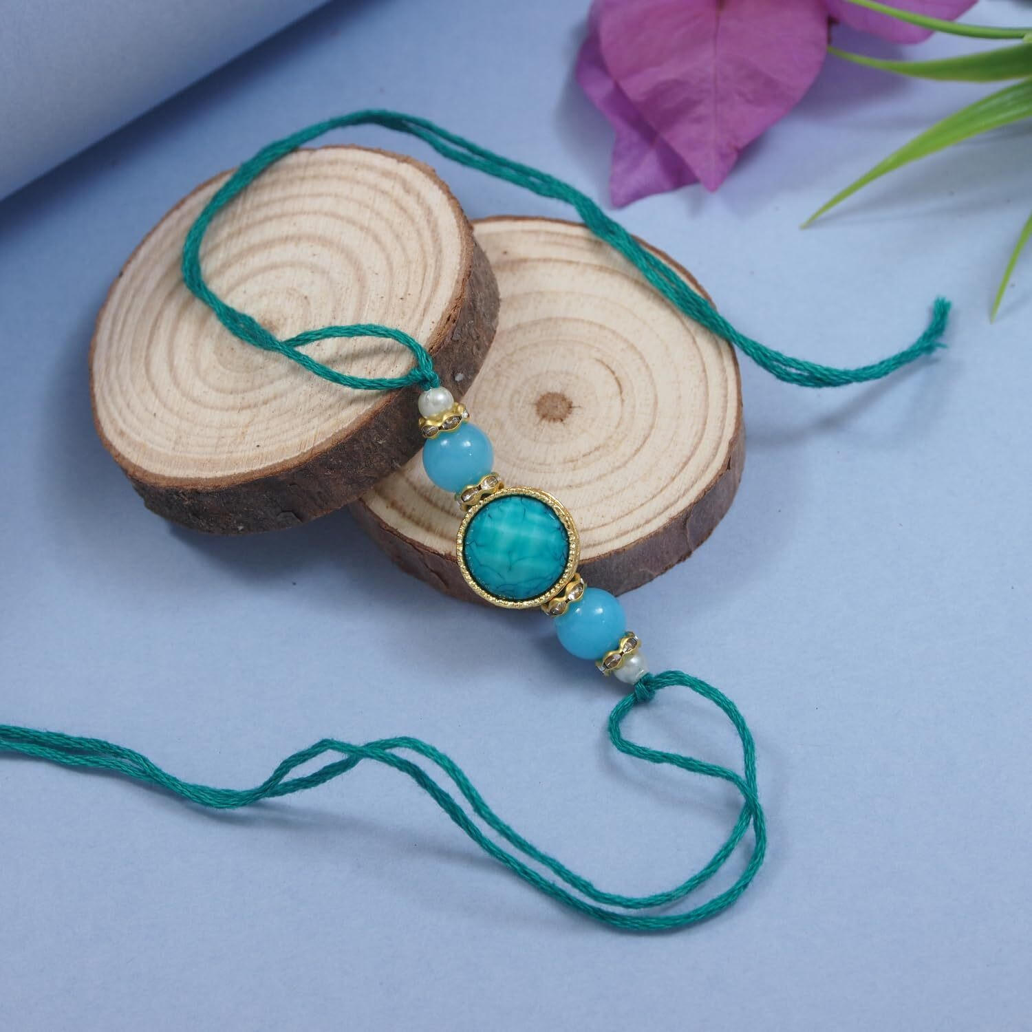 I Jewels Turquoise Marble Pearl Bead Bhaiya Bhabhi Lumba Bracelet Rakhi Combo Set With Roli Chawal & Rakshabandhan Greeting Card For Unisex Adult