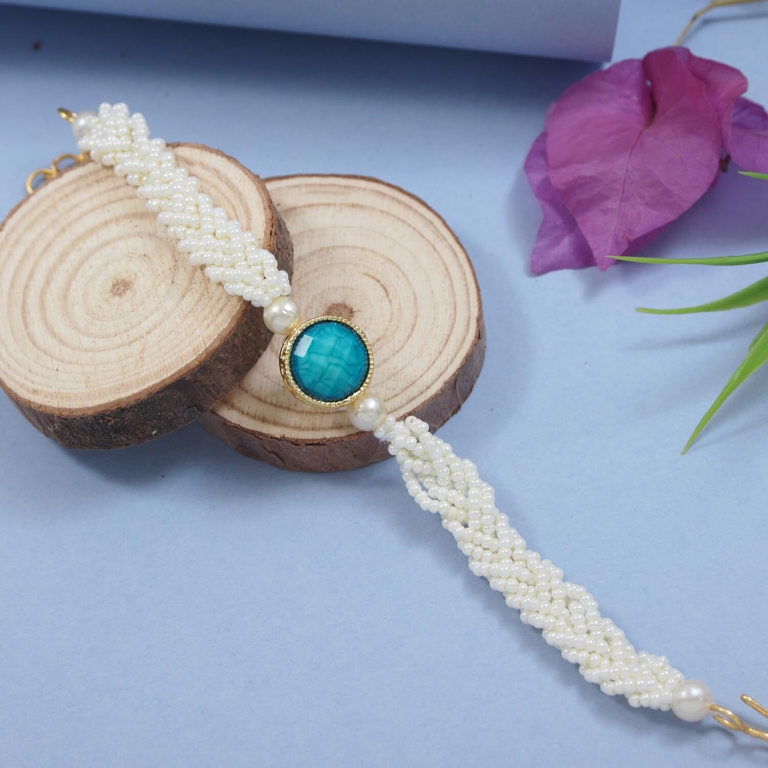 I Jewels Turquoise Marble Pearl Bead Bhaiya Bhabhi Lumba Bracelet Rakhi Combo Set With Roli Chawal & Rakshabandhan Greeting Card For Unisex Adult