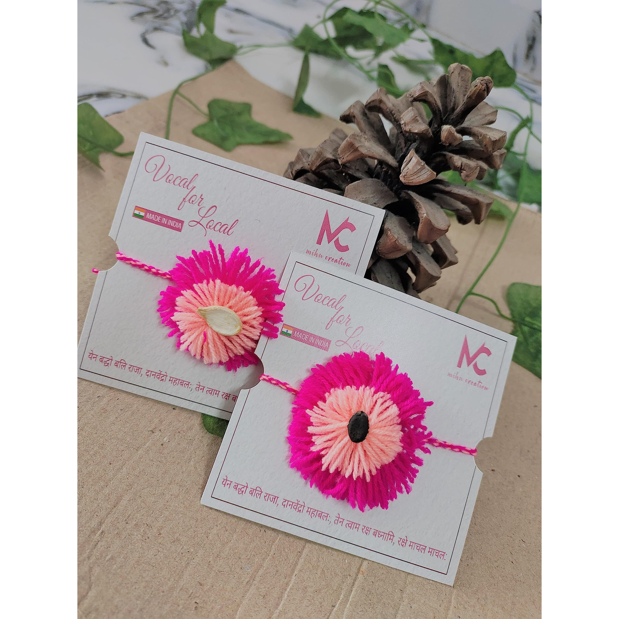 Mihu Creation Pack Of 1 Handmade Eco Friendly Organic Rakhi With Seed For Brother Bhai With Roli (Peach & Pink)
