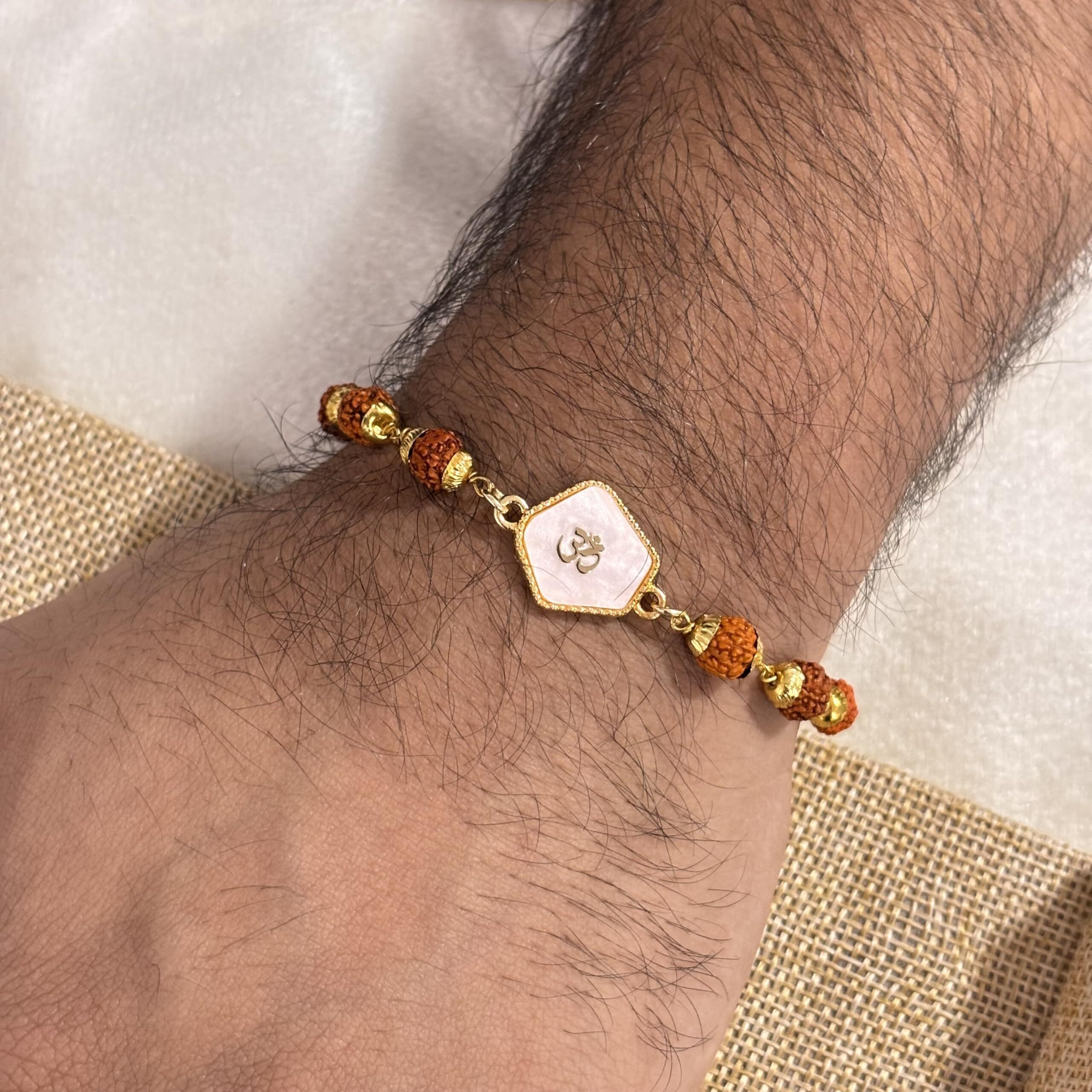 Pradhan Accessories Rudraksha Pearl Finish Om Bracelet For Men & Women, Anti-Tarnish Gold Plated Jewellery, Adjustable, Lightweight, Minimal, Stylish Bracelet For Daily Use, Rakhi, Gifting