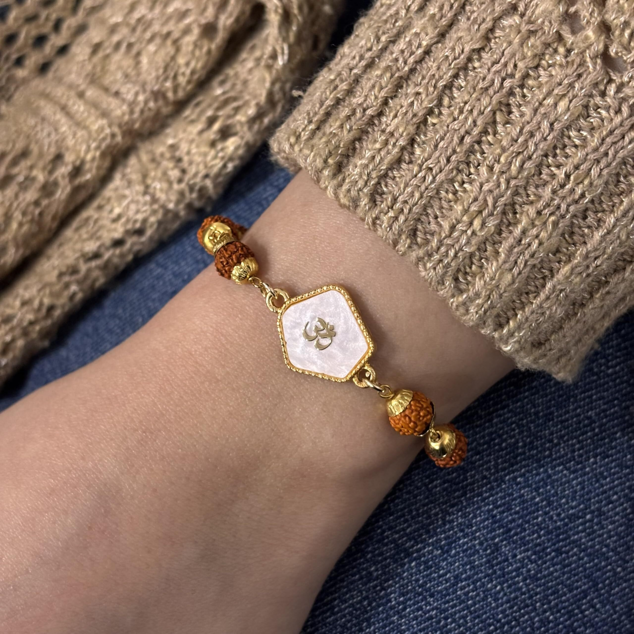 Pradhan Accessories Rudraksha Pearl Finish Om Bracelet For Men & Women, Anti-Tarnish Gold Plated Jewellery, Adjustable, Lightweight, Minimal, Stylish Bracelet For Daily Use, Rakhi, Gifting