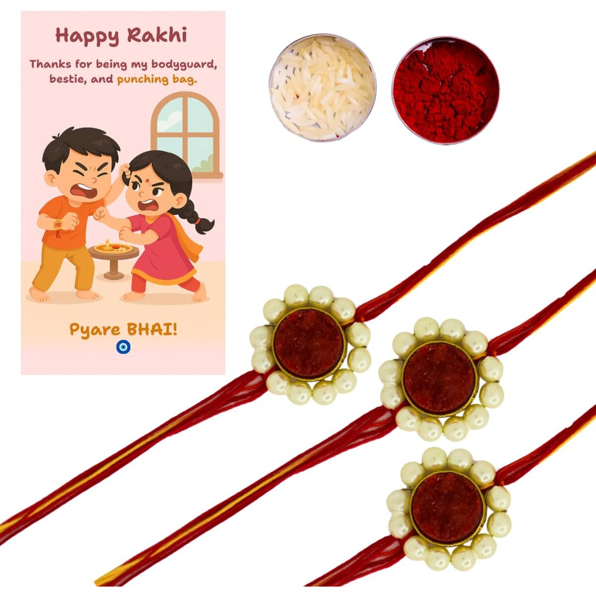 Jwella Pearl Design Rakhi With Quirky Card, Roli & Chawal Pack Of 3 | Traditional Rakhi Gift Set For Brother | Raksha Bandhan Combo For Pyare Bhai