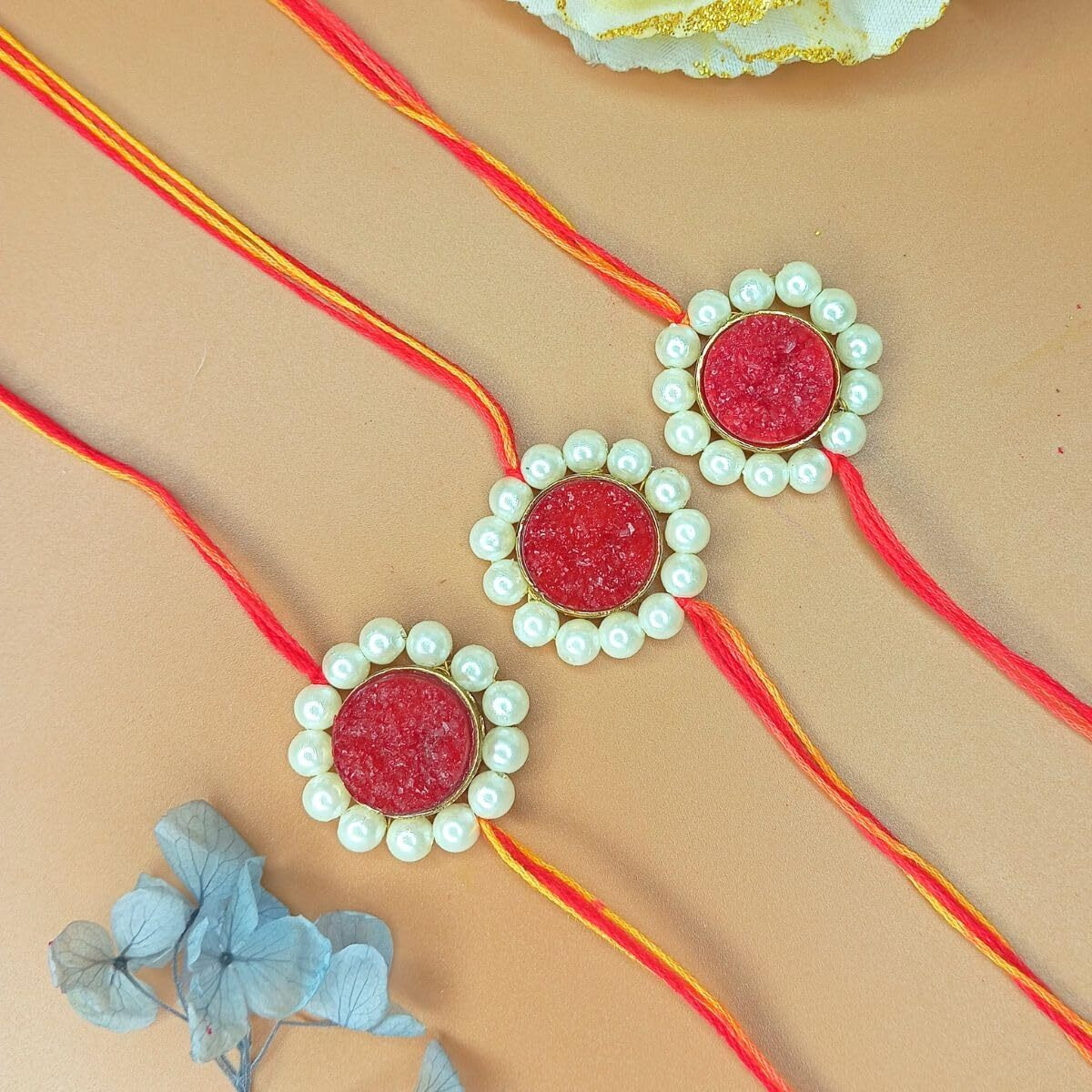 Jwella Pearl Design Rakhi With Quirky Card, Roli & Chawal Pack Of 3 | Traditional Rakhi Gift Set For Brother | Raksha Bandhan Combo For Pyare Bhai
