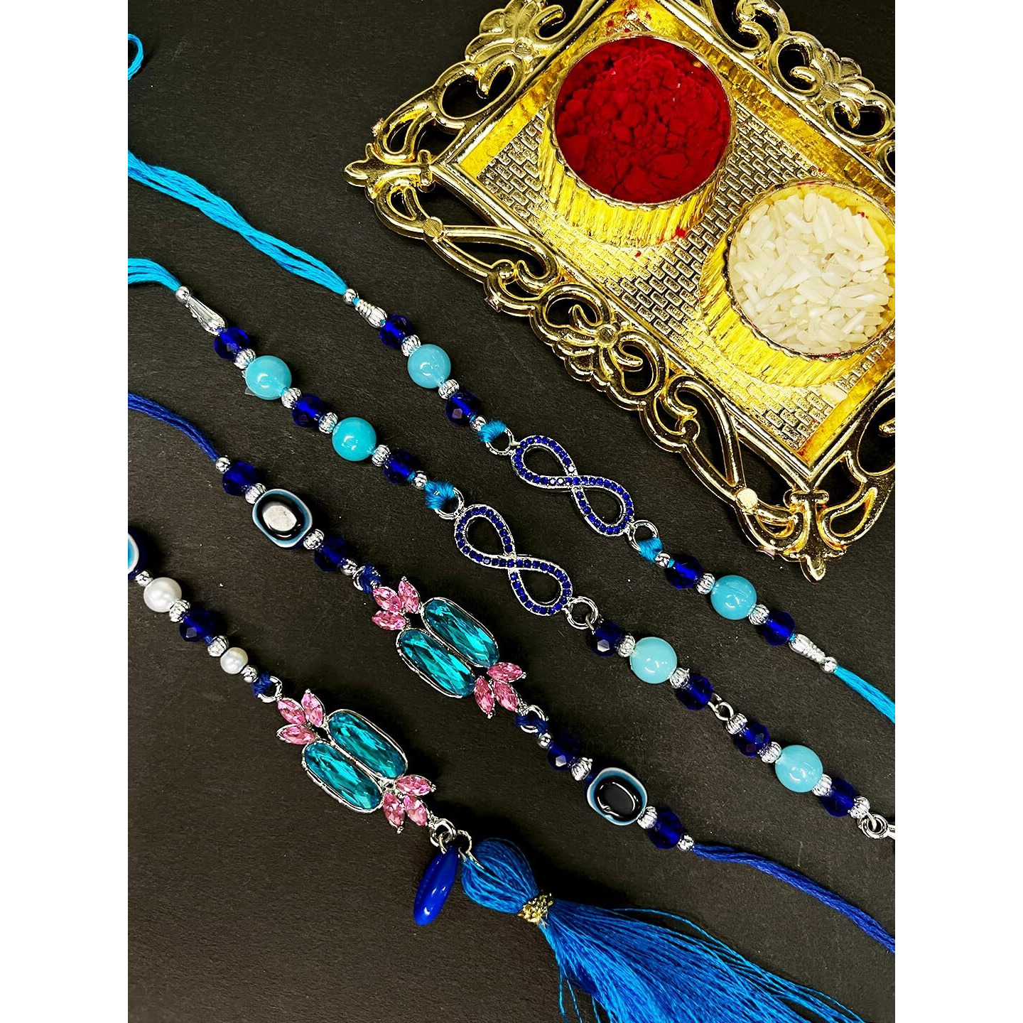 Mahi Combo Of 2 Crystals Studded Simple And Classic Lumba And Brother Rakhi Set For Bhaiya And Bhabhi (Rcol1105704R)