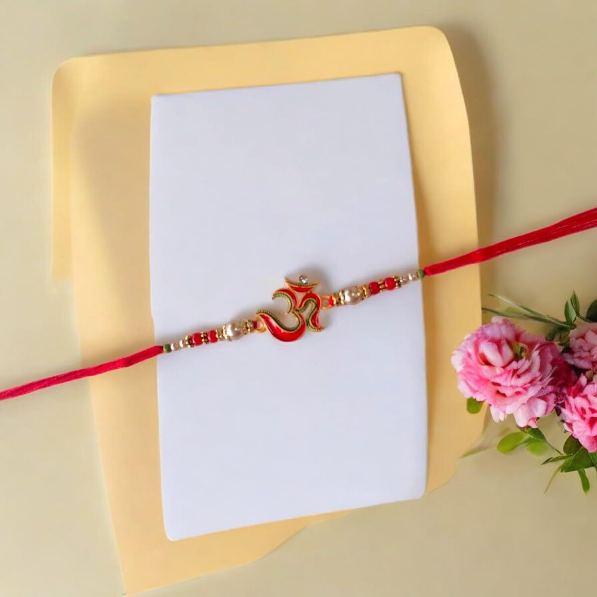 Accessher Mens Traditional Meenakari Embedded Delicate Om/Aum Rakhi For Beloved Brother & Gifting With Roli Kumkum Packets & Happy Rakshabandhan Card