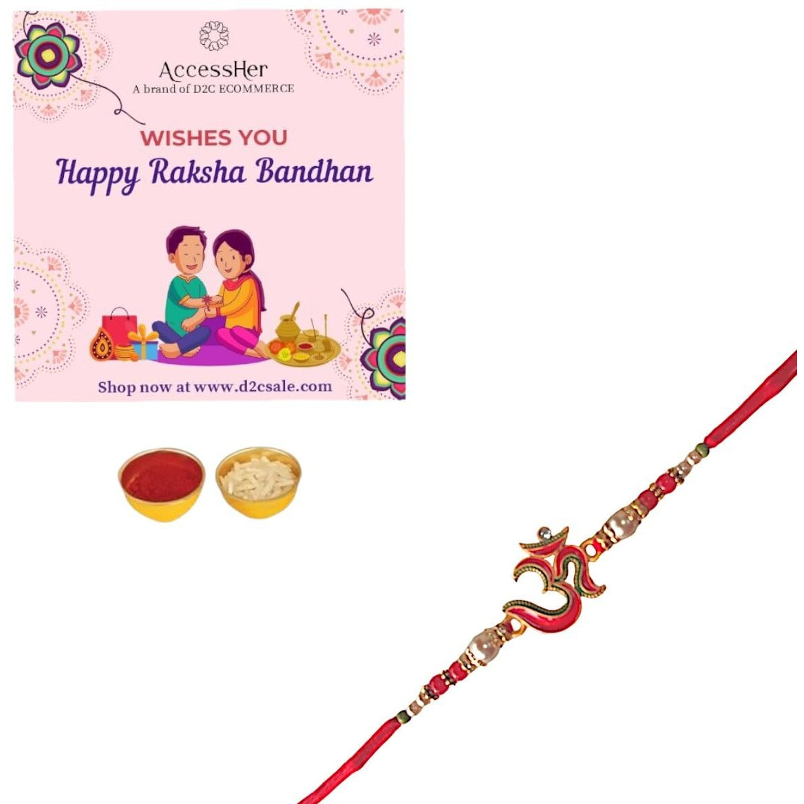 Accessher Mens Traditional Meenakari Embedded Delicate Om/Aum Rakhi For Beloved Brother & Gifting With Roli Kumkum Packets & Happy Rakshabandhan Card