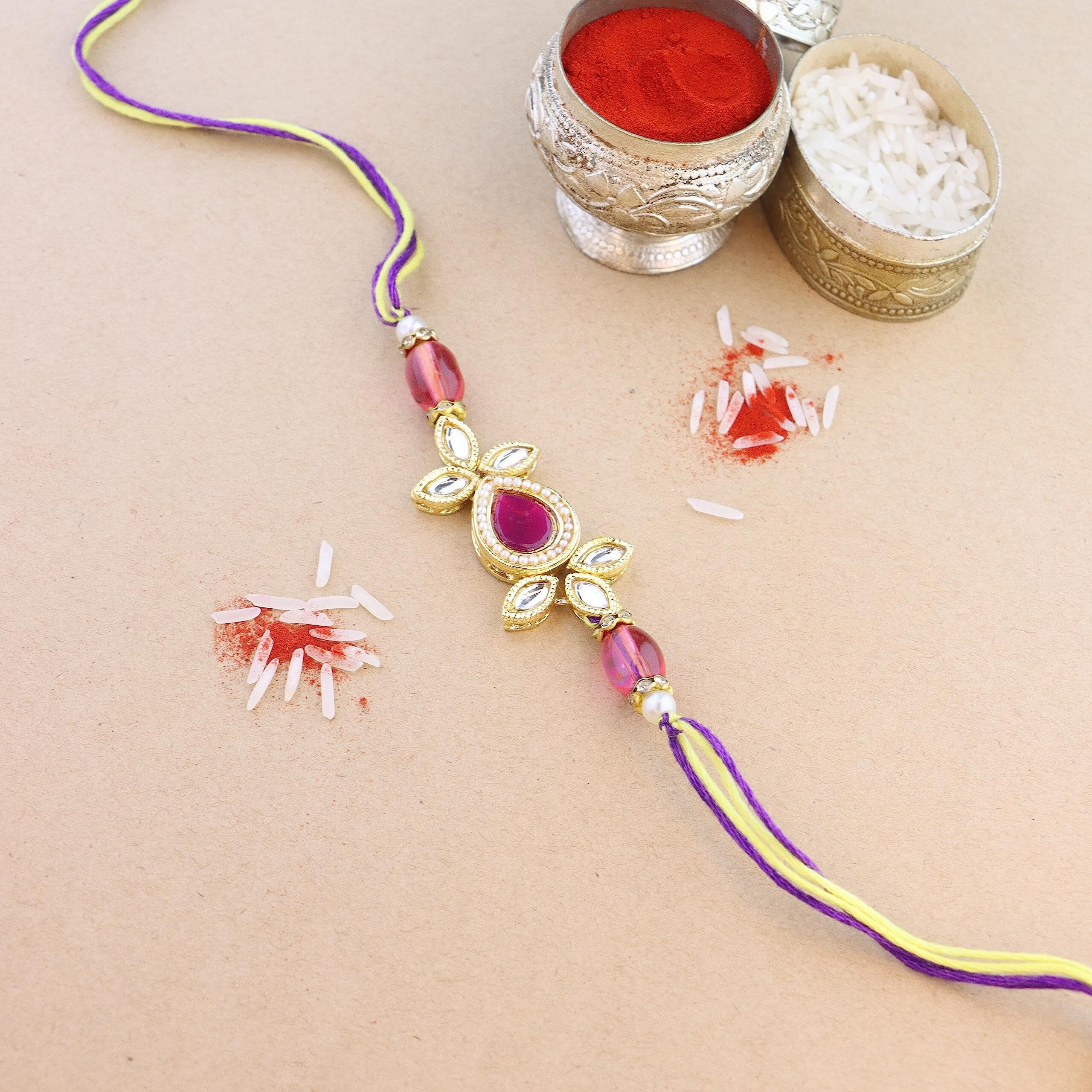 I Jewels Pearl & Kundan Bhaiya Rakhi With Roli Chawal For Brother/Bro/Men With Rakshabandhan Card (R111Q-2) (Pack Of 2)