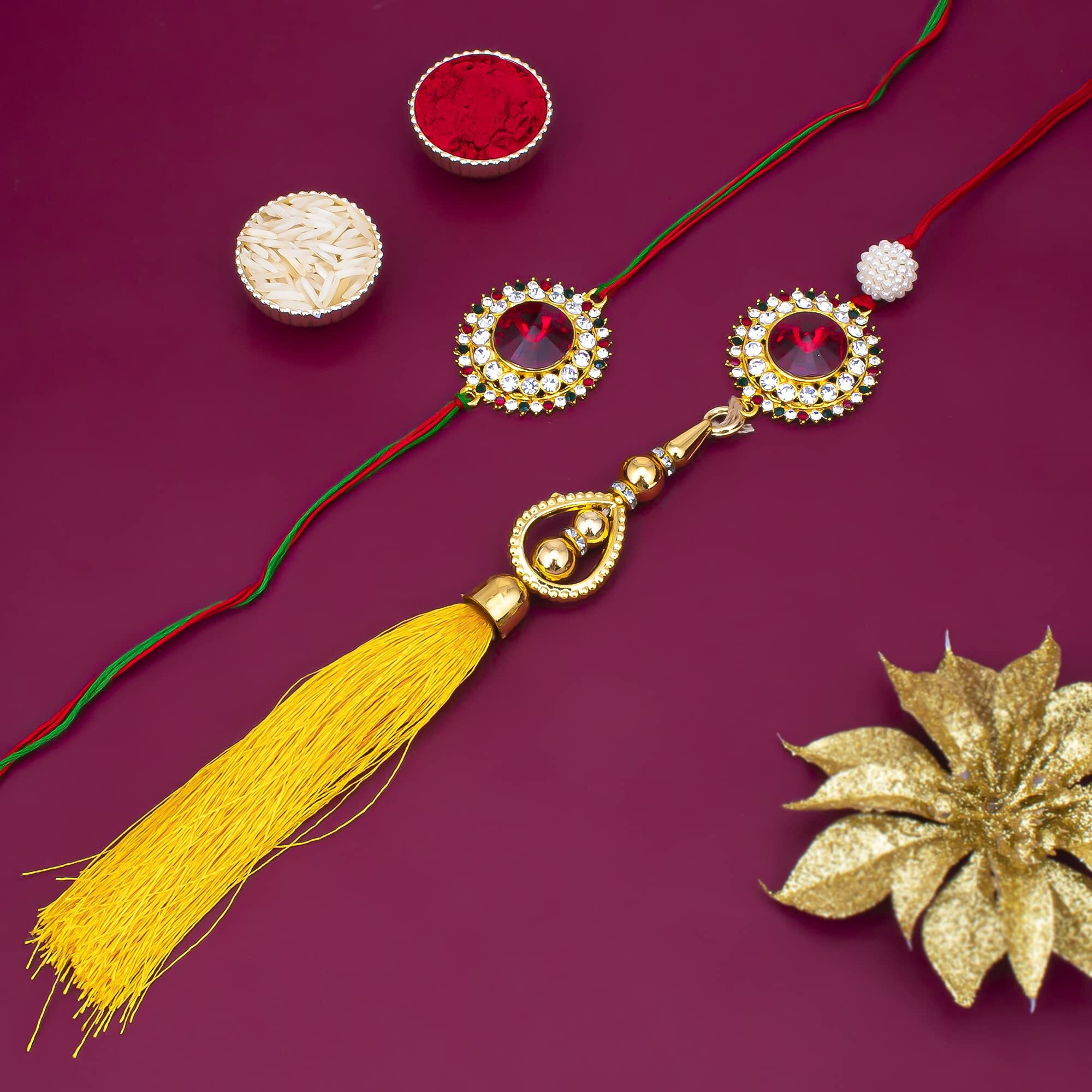 Sukkhi Rakhi Kundan Designer Gold Plated Bhaiya Bhabhi Rakhi Lumba Set, Roli Chawal & Greeting Card|Rakhi For Bhaiya And Bhabhi|Rakhi Lumba Set|Lumba Rakhi|Rakhi For Men|Kundan Rakhi|Cbrakl100064