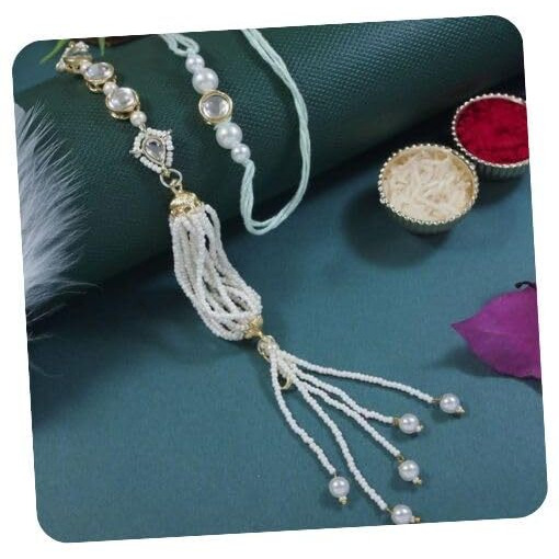 I Jewels Mens Designer Kundan Pearl Hanging Bhaiya Bhabhi Lumba Rakhi Bracelet Combo Set With Roli Chawal & Rakshabandhan Greeting Card (R160W-Co)