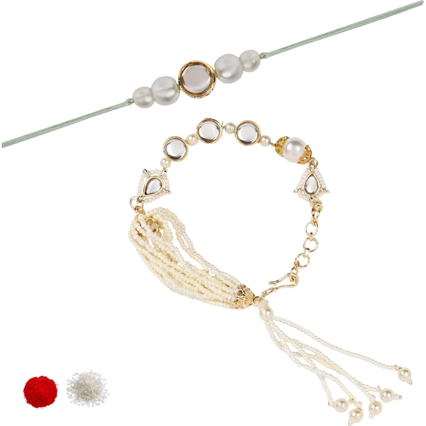I Jewels Mens Designer Kundan Pearl Hanging Bhaiya Bhabhi Lumba Rakhi Bracelet Combo Set With Roli Chawal & Rakshabandhan Greeting Card (R160W-Co)