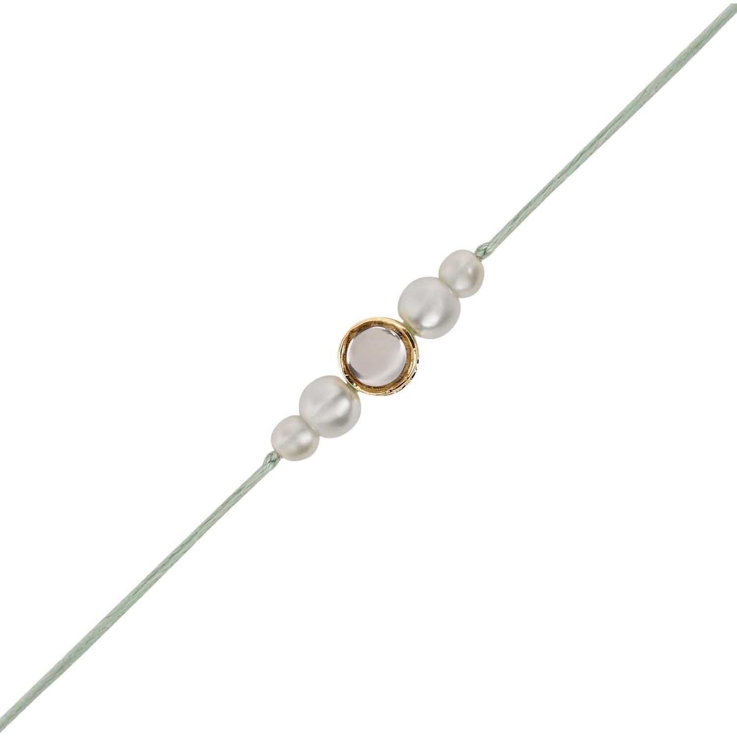 I Jewels Mens Designer Kundan Pearl Hanging Bhaiya Bhabhi Lumba Rakhi Bracelet Combo Set With Roli Chawal & Rakshabandhan Greeting Card (R160W-Co)