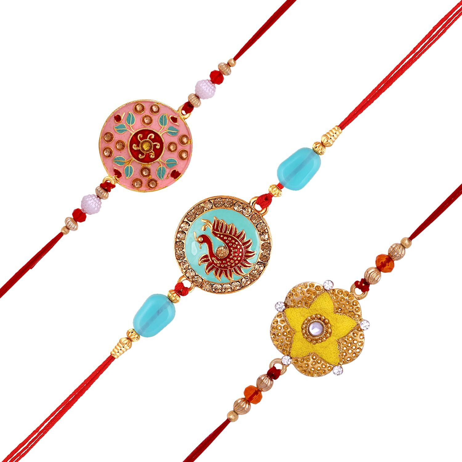 Mahi Combo Of 3 Meenakari Work Enamel Fancy Rakhi's With Studded Crystals For Bhaiya, Brother, Bhai, Bro (Rco1105701G)