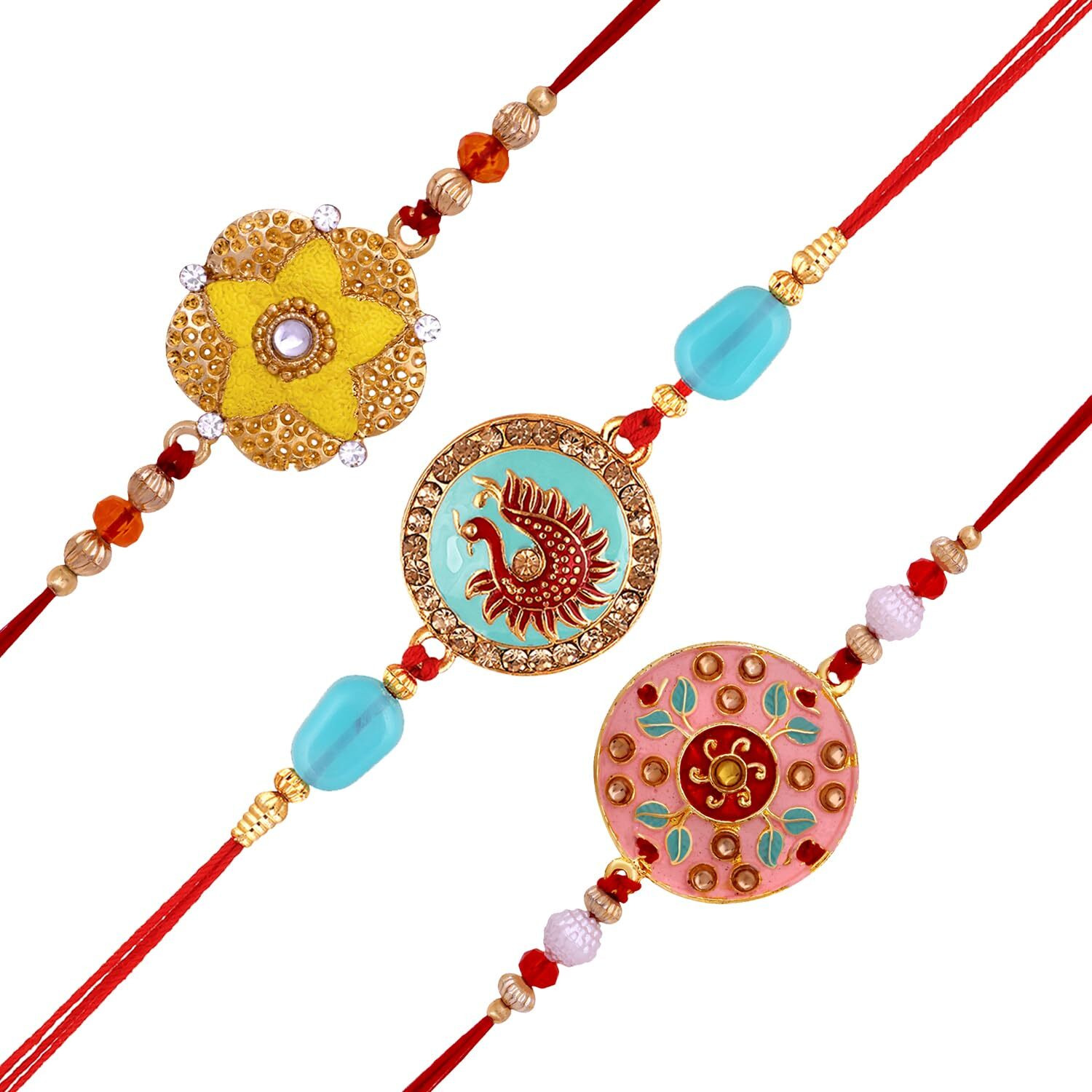 Mahi Combo Of 3 Meenakari Work Enamel Fancy Rakhi's With Studded Crystals For Bhaiya, Brother, Bhai, Bro (Rco1105701G)