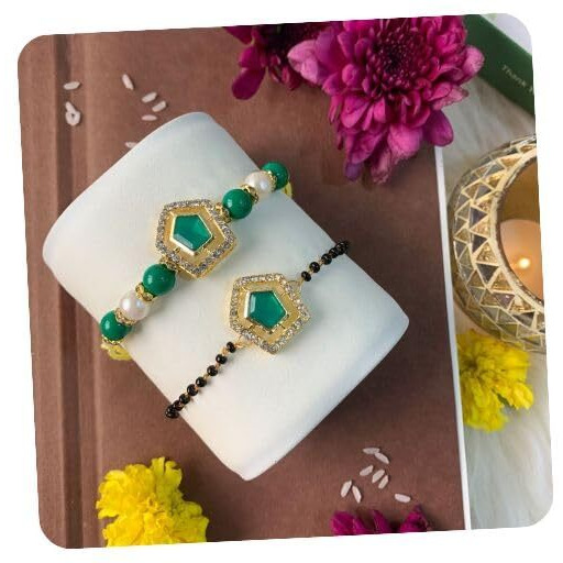 I Jewels Elegant Kundan Stone Bhaiya Bhabhi Mangalsutra Bracelet Rakhi Set With Roli Chawal & Rakshabandhan Card For Brother/Bro/Men (R135-Co)