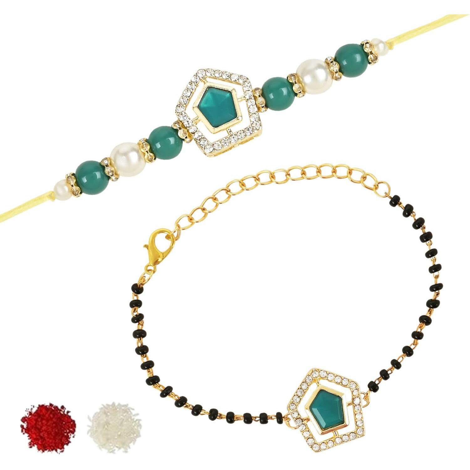 I Jewels Elegant Kundan Stone Bhaiya Bhabhi Mangalsutra Bracelet Rakhi Set With Roli Chawal & Rakshabandhan Card For Brother/Bro/Men (R135-Co)