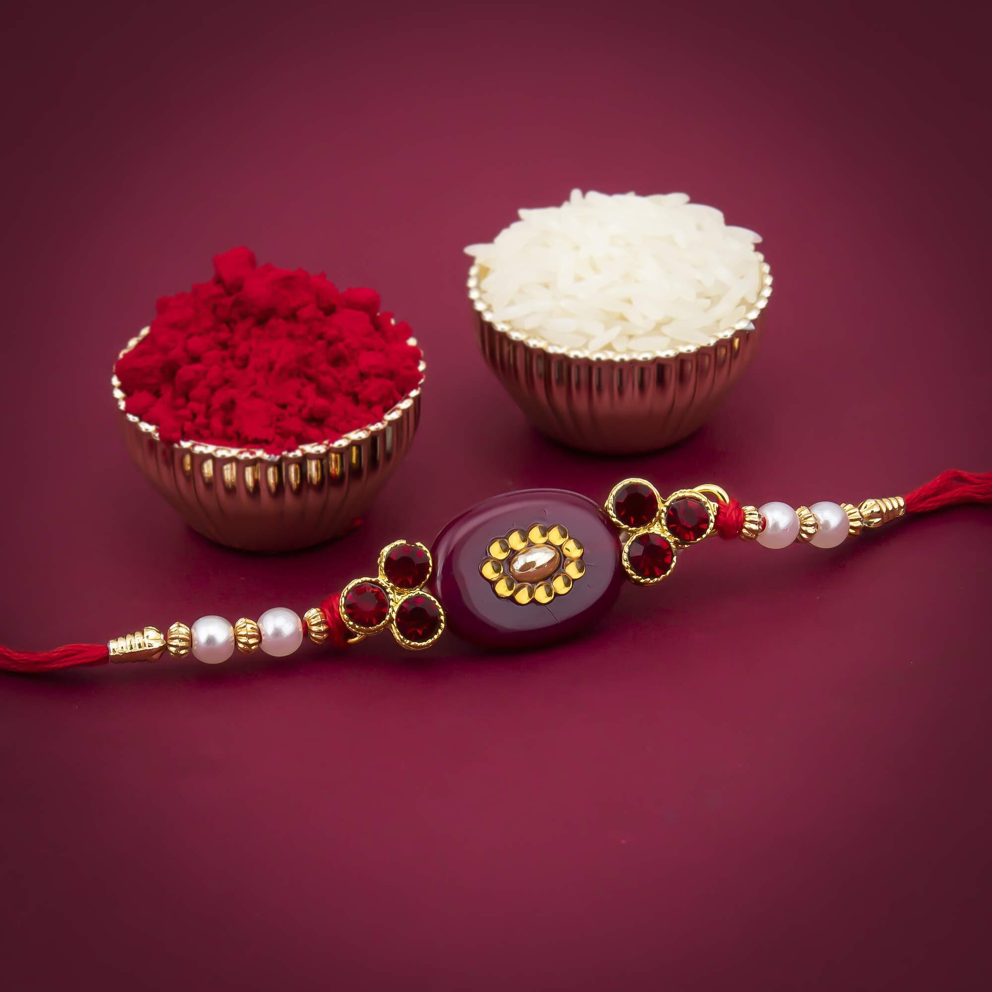 Sukkhi Rakhi Engaging Kundan Designer Gold Plated Premium Rakhi For Brother With Roli Chawal & Greeting Card | Rakhi For Bhaiya | Rakhi For Men | Kundan Rakhi | (Rak73439)