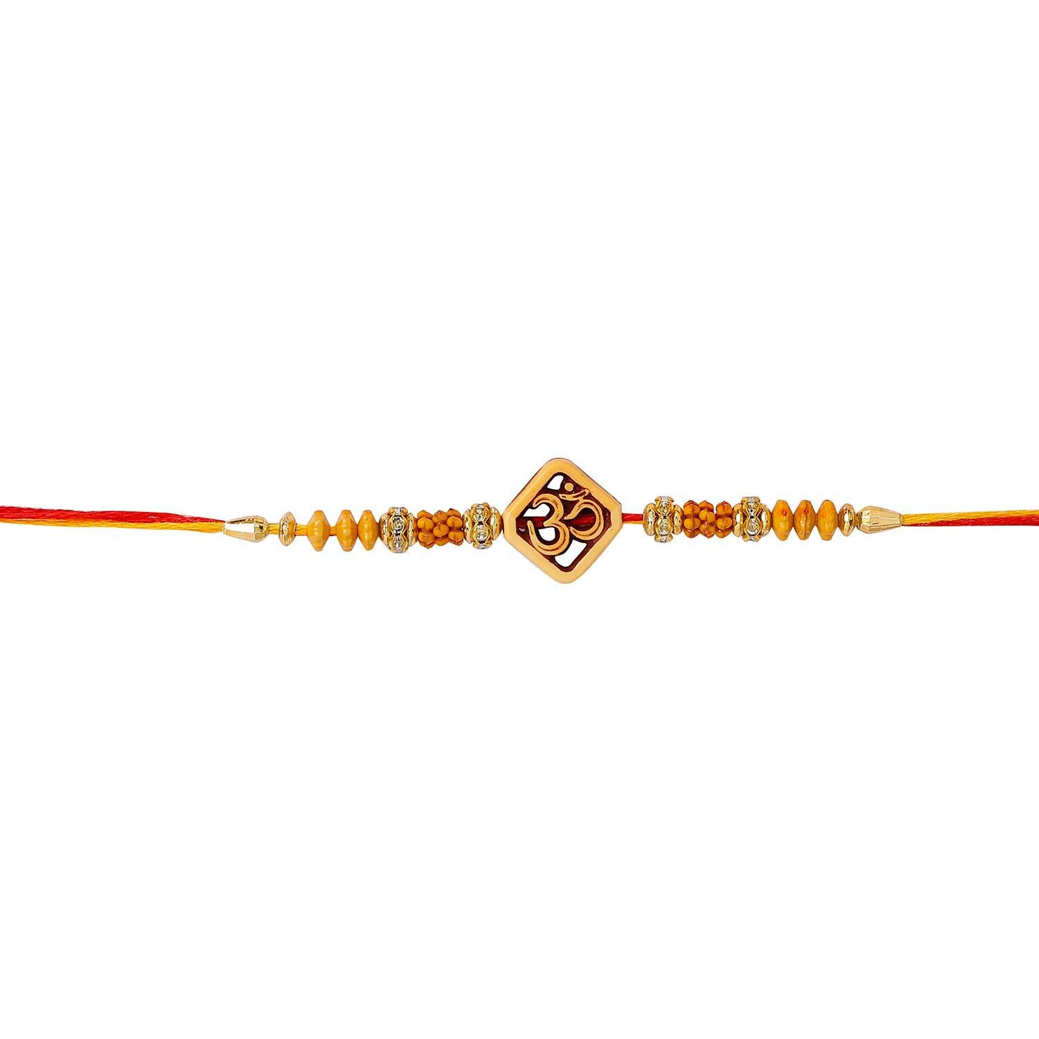Accessher Mens Traditional Elegant Wooden Finish Om With Rudraksh Rakhi For Beloved Brother Pack Of 3 With Roli Kumkum Packets And Happy Rakshabandhan Card