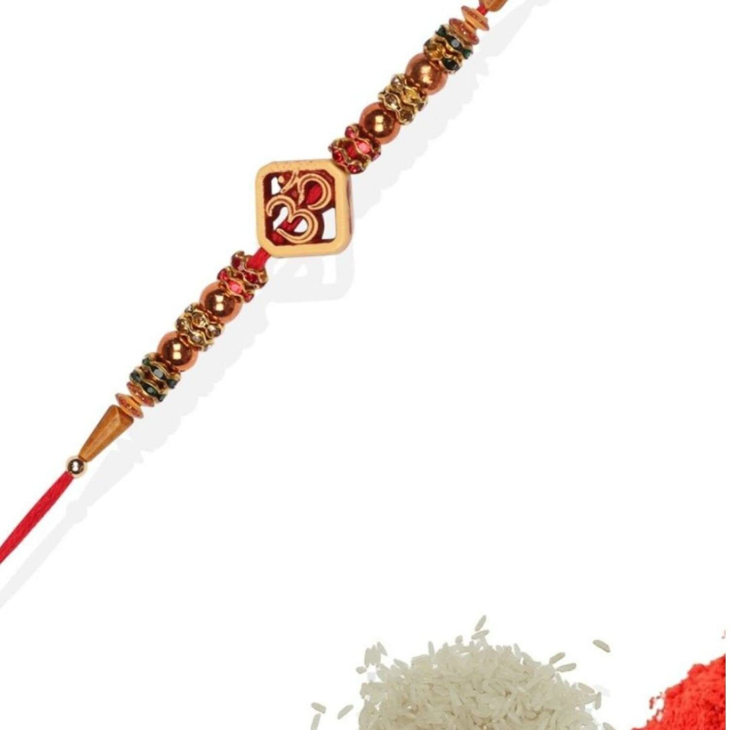 Accessher Mens Traditional Elegant Wooden Finish Om With Rudraksh Rakhi For Beloved Brother Pack Of 3 With Roli Kumkum Packets And Happy Rakshabandhan Card