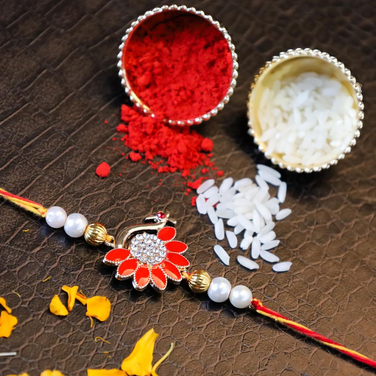 Accessher Mens Traditional Gold Plated Semi Precious Enamel Peacock Rakhi For Beloved Brother Pack Of 1 With Roli Kumkum Packets And Happy Rakshabandhan Card