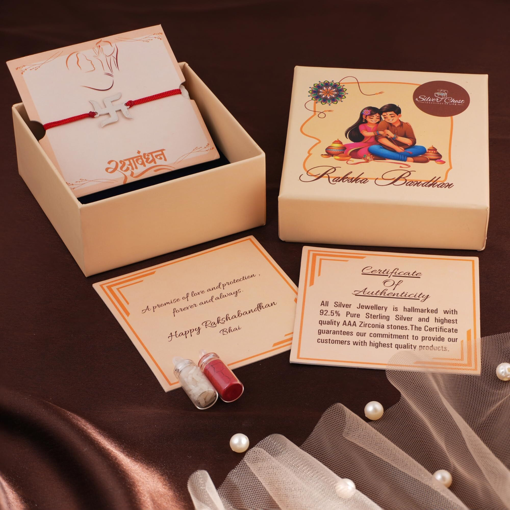 Silver Chest 925 Silver Rakhi For Brother - Pure Chandi Rakhi For Men And Boys In Moli Dhaga With Authenticity Certificate | Design - Swastik (2 Piece)