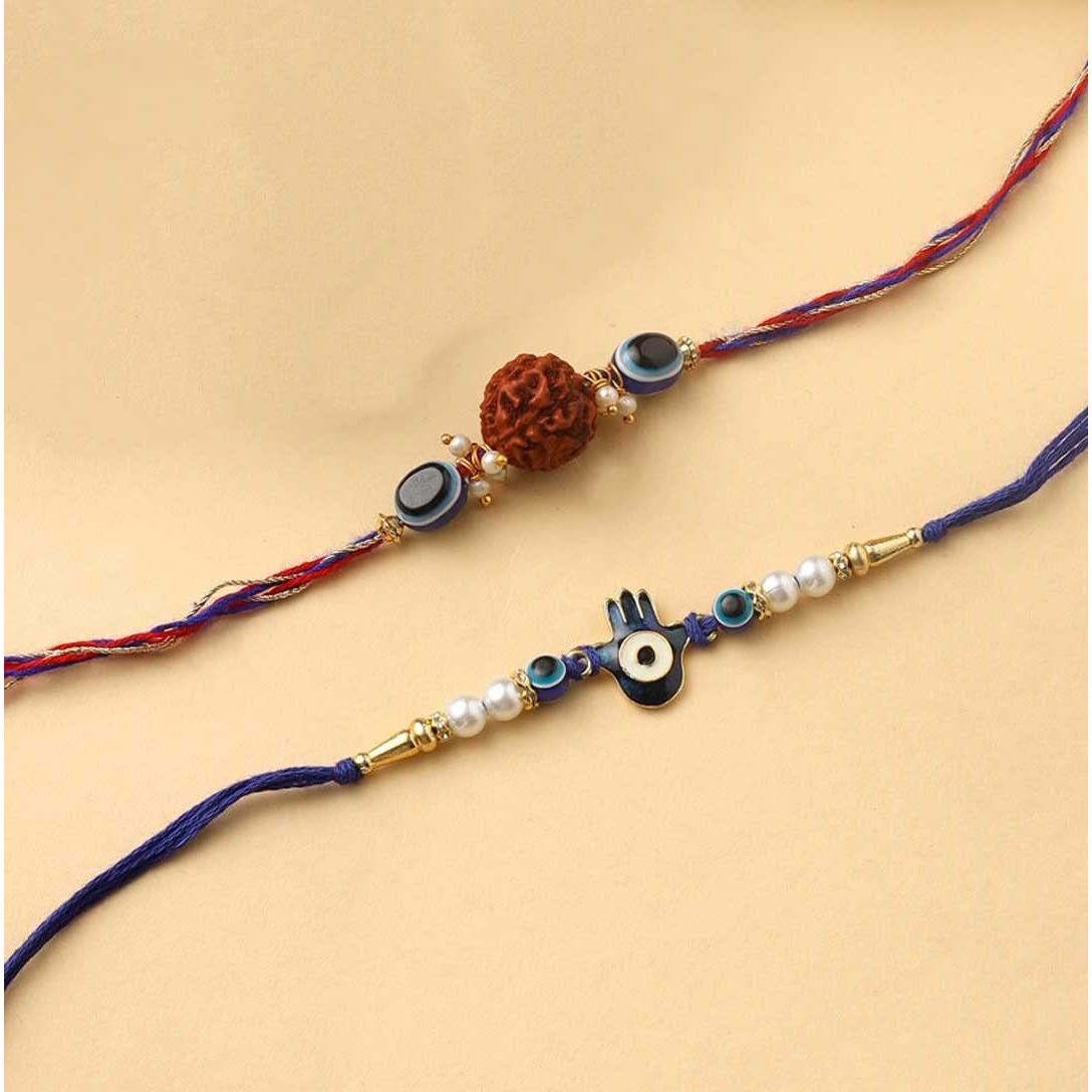 Collectible India Premium Evil Eye Rakhi Gifts For Brother And Bhabhi With Gifts | Kundan And Pearl Rakhi | Bhaiya Bhabhi Rakhi Family Combo Gift Silver Plated Bowl Set Handmade Matching Colors