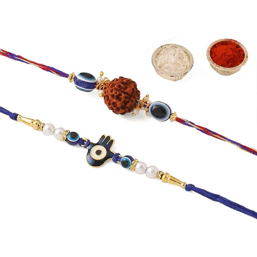Collectible India Premium Evil Eye Rakhi Gifts For Brother And Bhabhi With Gifts | Kundan And Pearl Rakhi | Bhaiya Bhabhi Rakhi Family Combo Gift Silver Plated Bowl Set Handmade Matching Colors