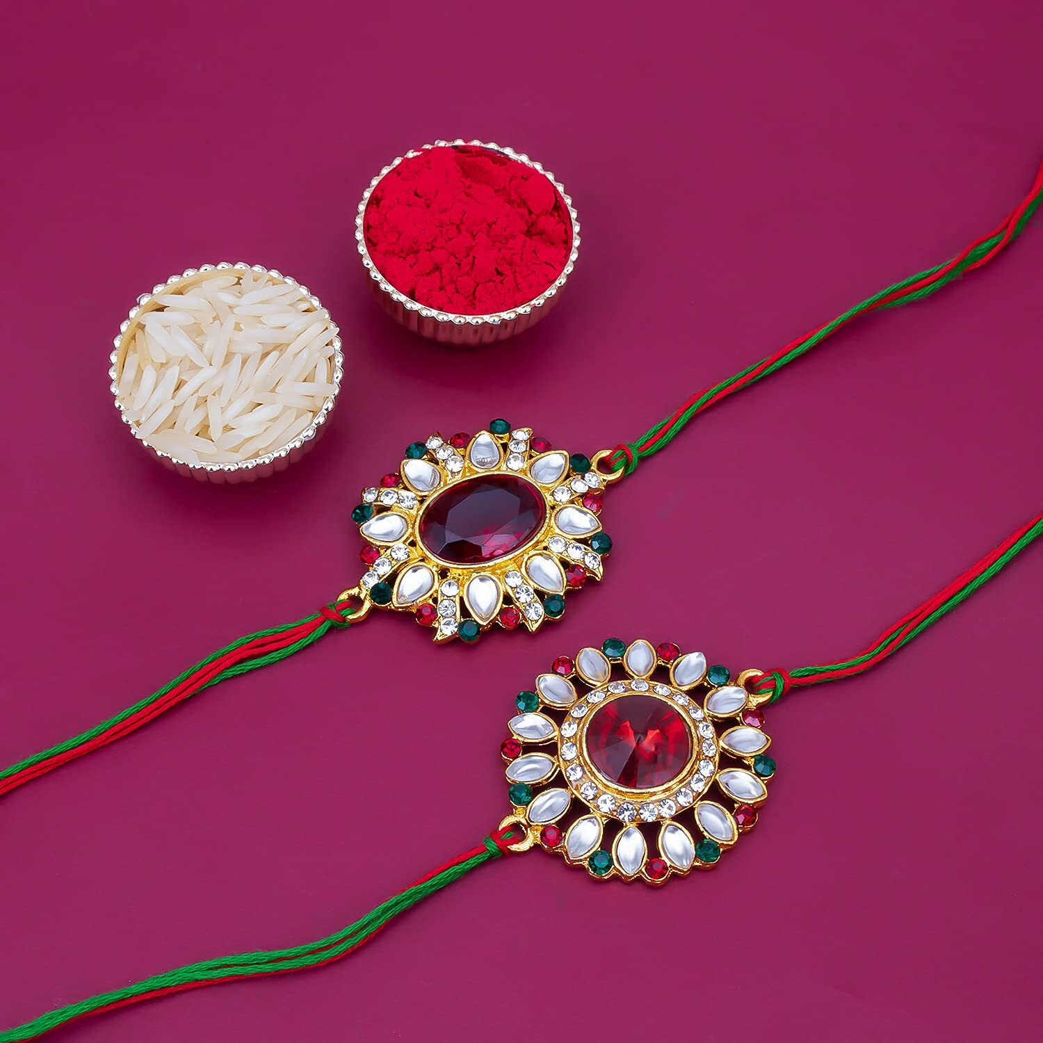 Sukkhi Rakhi Sensational Kundan Rakhi Combo & Designer Gold Plated Premium Rakhi For Brother, Roli Chawal & Greeting Card|Rakhi For Bhaiya|Rakhi For Men|Kundan Rakhi|Rakhi Combo-Set Of 2 |Cbrak100038