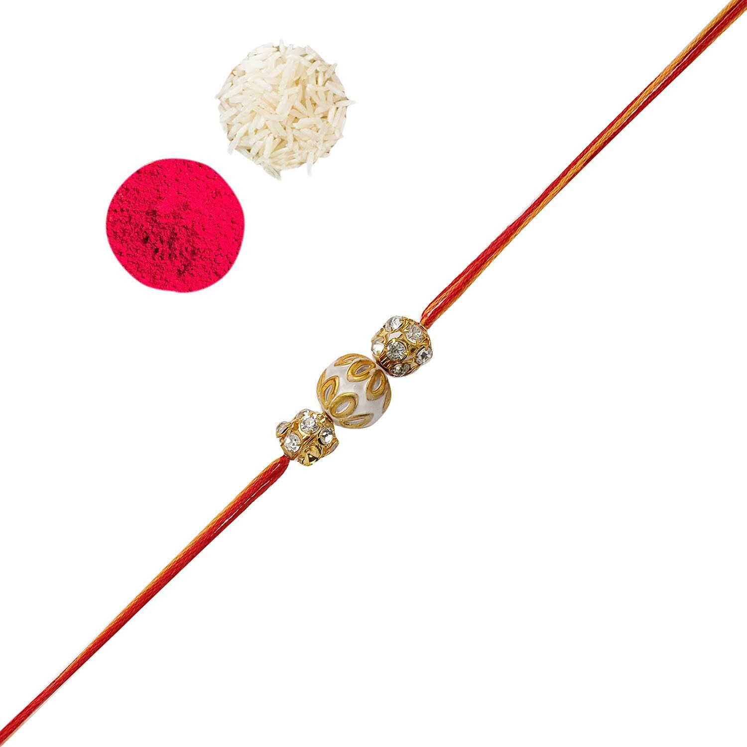 Accessher Mens Traditional Gold Plated Elegant Bhaiyya Bhabhi Lumba Pearl Rakhi For Beloved Brother Pack Of 1 With Roli Kumkum Packets And Happy Rakshabandhan Card