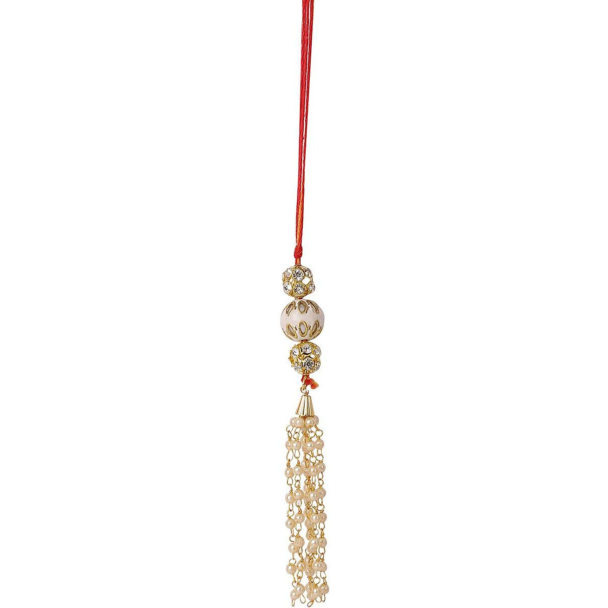 Accessher Mens Traditional Gold Plated Elegant Bhaiyya Bhabhi Lumba Pearl Rakhi For Beloved Brother Pack Of 1 With Roli Kumkum Packets And Happy Rakshabandhan Card