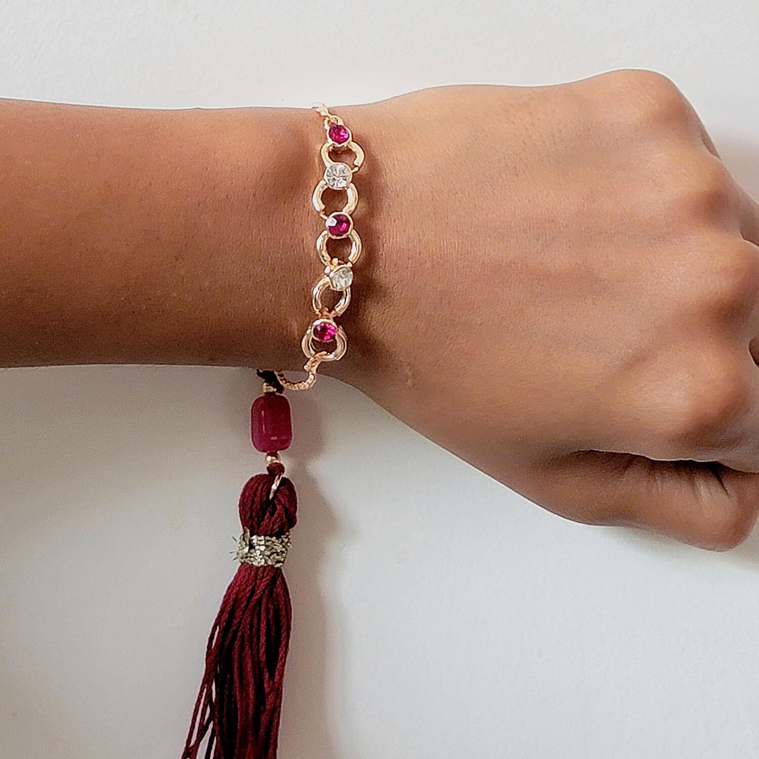 Mahi Rose Gold Plated Pink And White Crystals Lumba Rakhi For Bhabhi (Ral1100713Zpin)