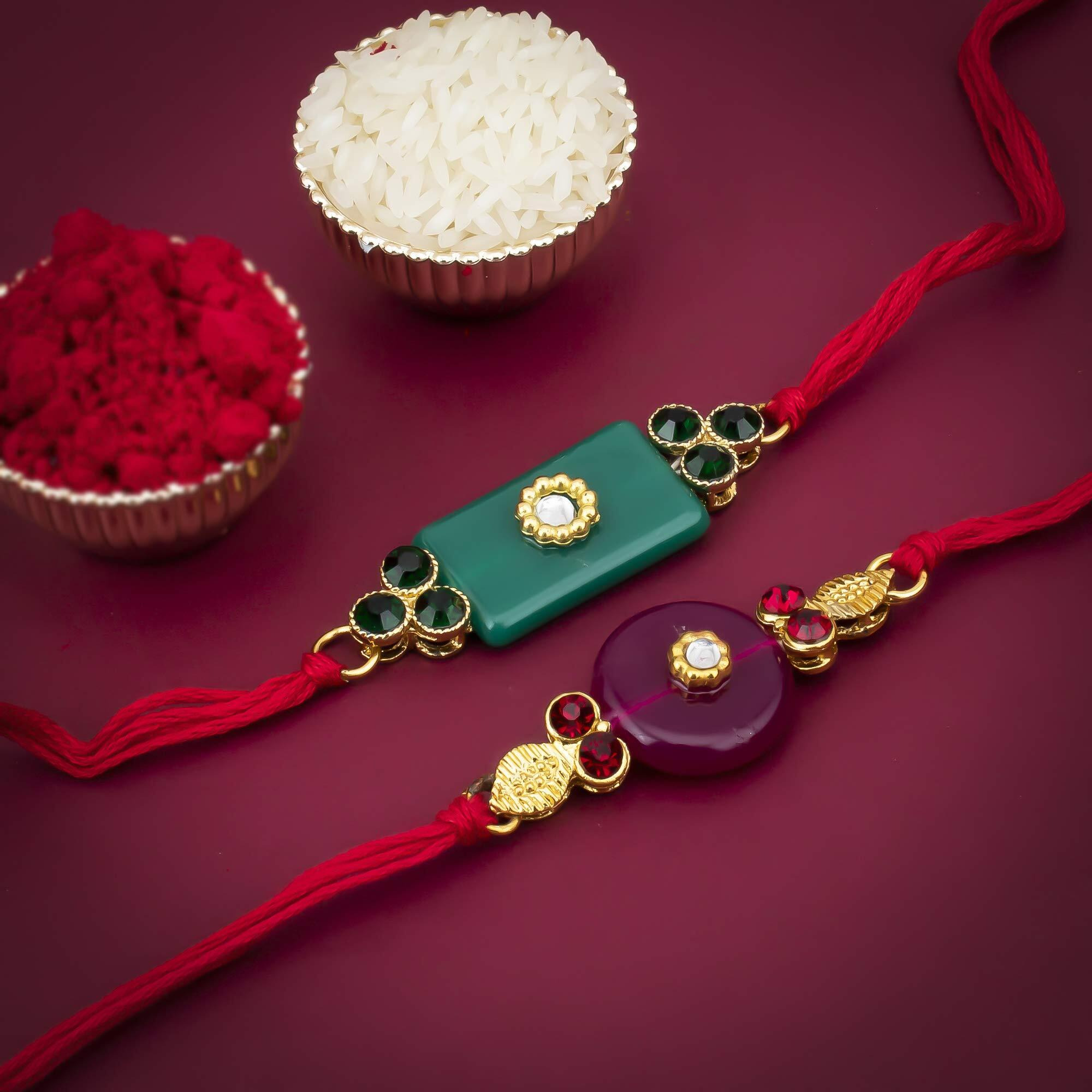 Sukkhi Rakhi For Brother Adorable Kundan Combo & Designer Gold Plated With Roli Chawal & Greeting Card|Set Of 2|Cb73445