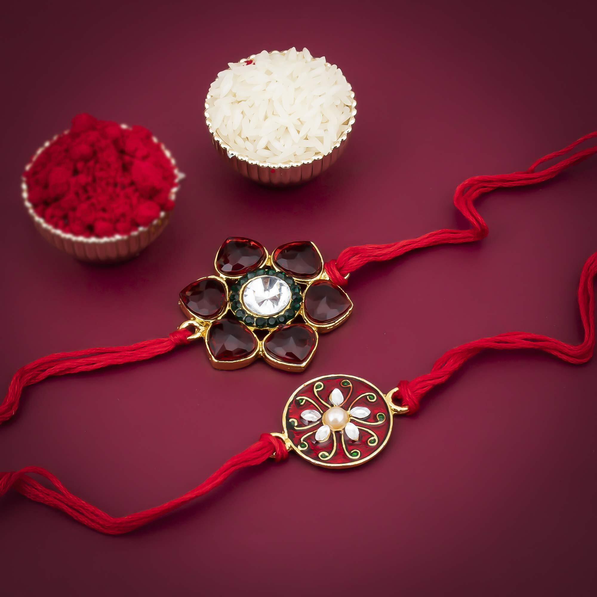 Sukkhi Rakhi Traditional Kundan Rakhi Combo & Designer Gold Plated Premium Rakhi For Brother, Roli Chawal & Greeting Card|Rakhi For Bhaiya|Rakhi For Men|Kundan Rakhi|Rakhi Combo-Set Of 2 |Cb73467