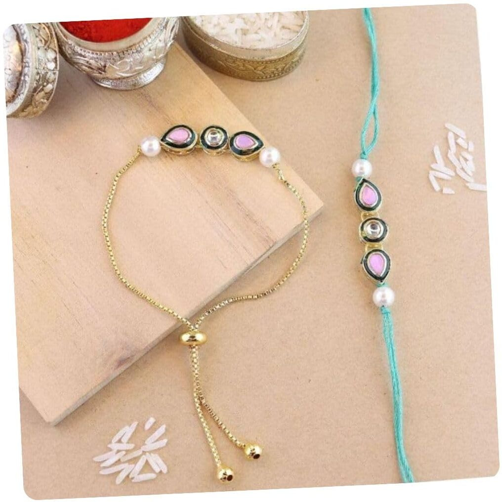I Jewels Mens Kundan & Pearl Bhaiya Bhabhi Lumba Rakhi Set With Adjustable Pull Chain With Roli Chawal And Rakshabandhan Card (R124W-Co)