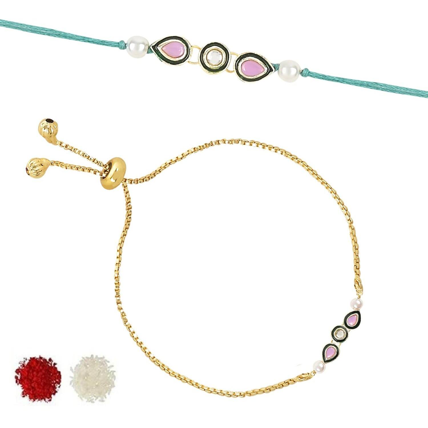 I Jewels Mens Kundan & Pearl Bhaiya Bhabhi Lumba Rakhi Set With Adjustable Pull Chain With Roli Chawal And Rakshabandhan Card (R124W-Co)