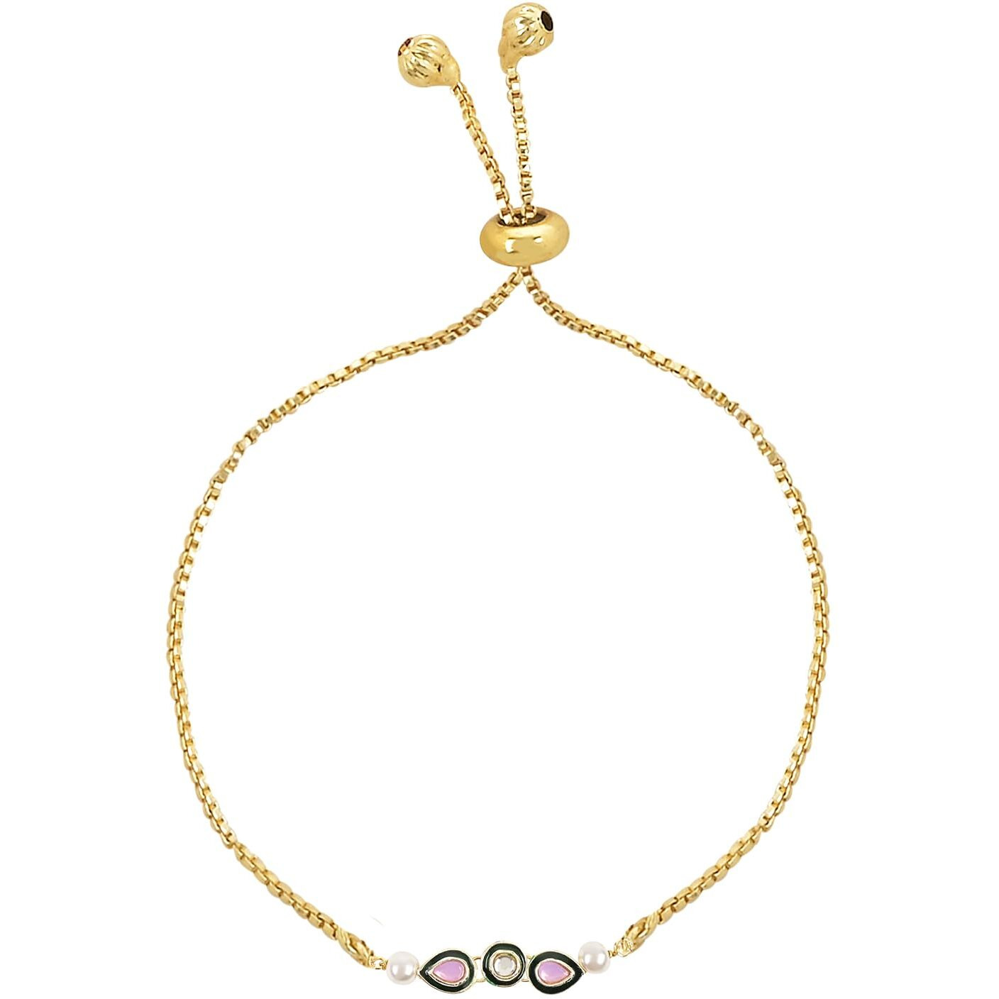 I Jewels Mens Kundan & Pearl Bhaiya Bhabhi Lumba Rakhi Set With Adjustable Pull Chain With Roli Chawal And Rakshabandhan Card (R124W-Co)