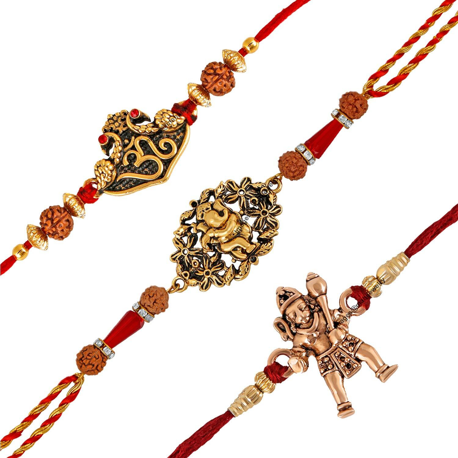 Mahi Combo Of Om, Ganesha And Hanuman Rakhis With Crystals And Rudraksha For Adorable Brothers Rco1105124M