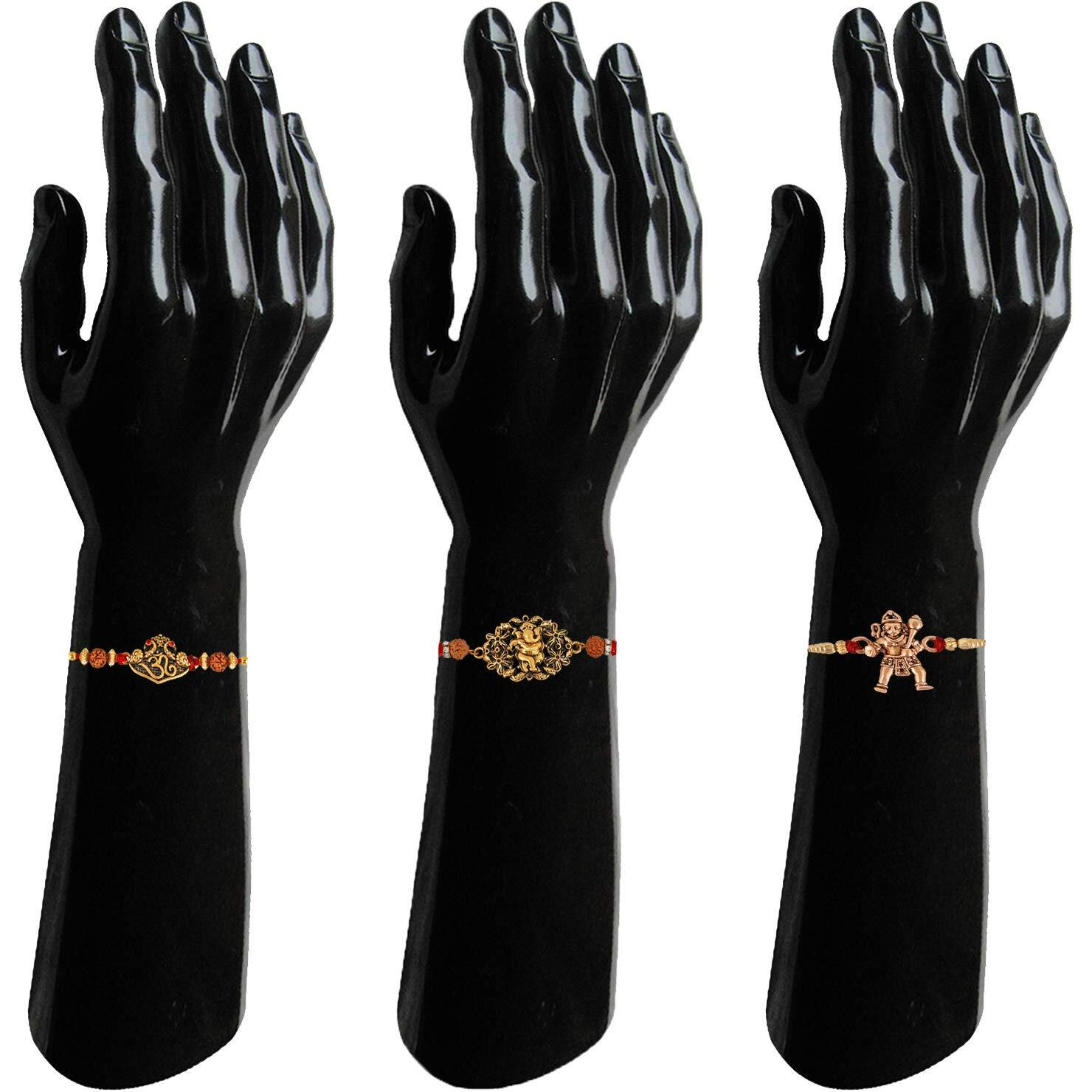 Mahi Combo Of Om, Ganesha And Hanuman Rakhis With Crystals And Rudraksha For Adorable Brothers Rco1105124M