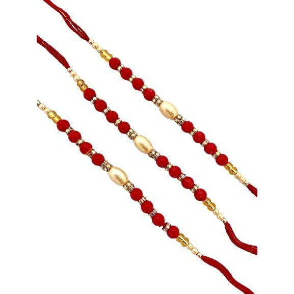 Lazybeee 1Pc Beautiful Red Color Rakhi With Pearl Beads & Stone Ring For Bhai And Bhabhi With A Beautiful Small Packet Of Roli Chawal To Make The Festival Complete Celebrate The Bond Of Sibling Love