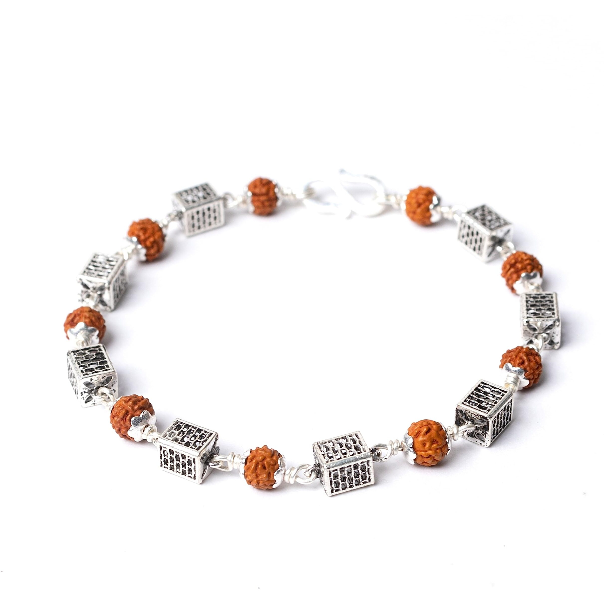 Hem Jewels Pure Silver Rudraksh Rakhi For Brother | Silver Rudaksh Bracelet For Boys And Men | Silver Rakhi | Design Silver Carved Cubes (Hjrkh-70)