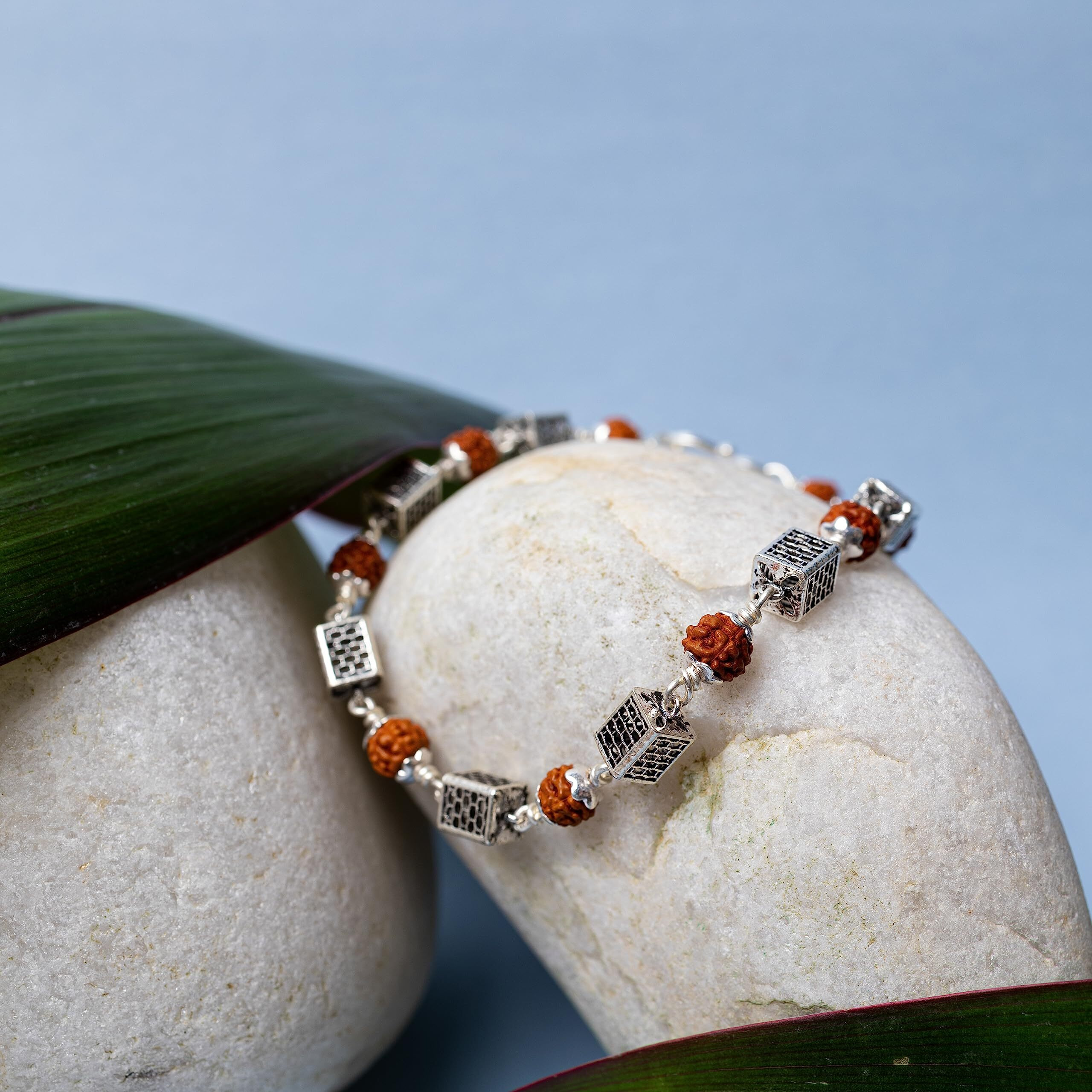 Hem Jewels Pure Silver Rudraksh Rakhi For Brother | Silver Rudaksh Bracelet For Boys And Men | Silver Rakhi | Design Silver Carved Cubes (Hjrkh-70)