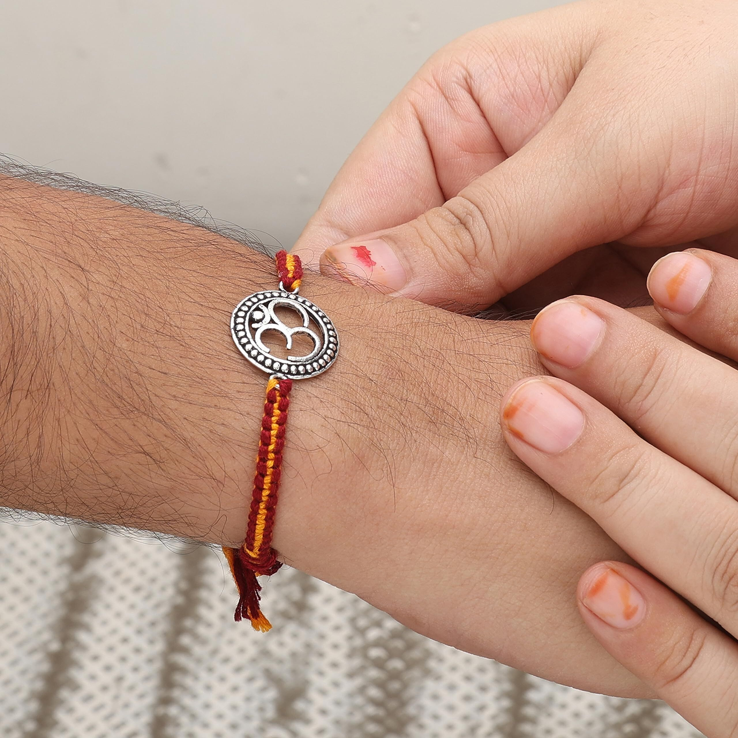 Njels Unisex-Adult 925 Pure Silver Rakhi For Brother Original Silver Antique Oxidised Om Rakhi For Brother Pure Cotton Fancy Rakhi For Brother (Bis Hallmark Stamped)