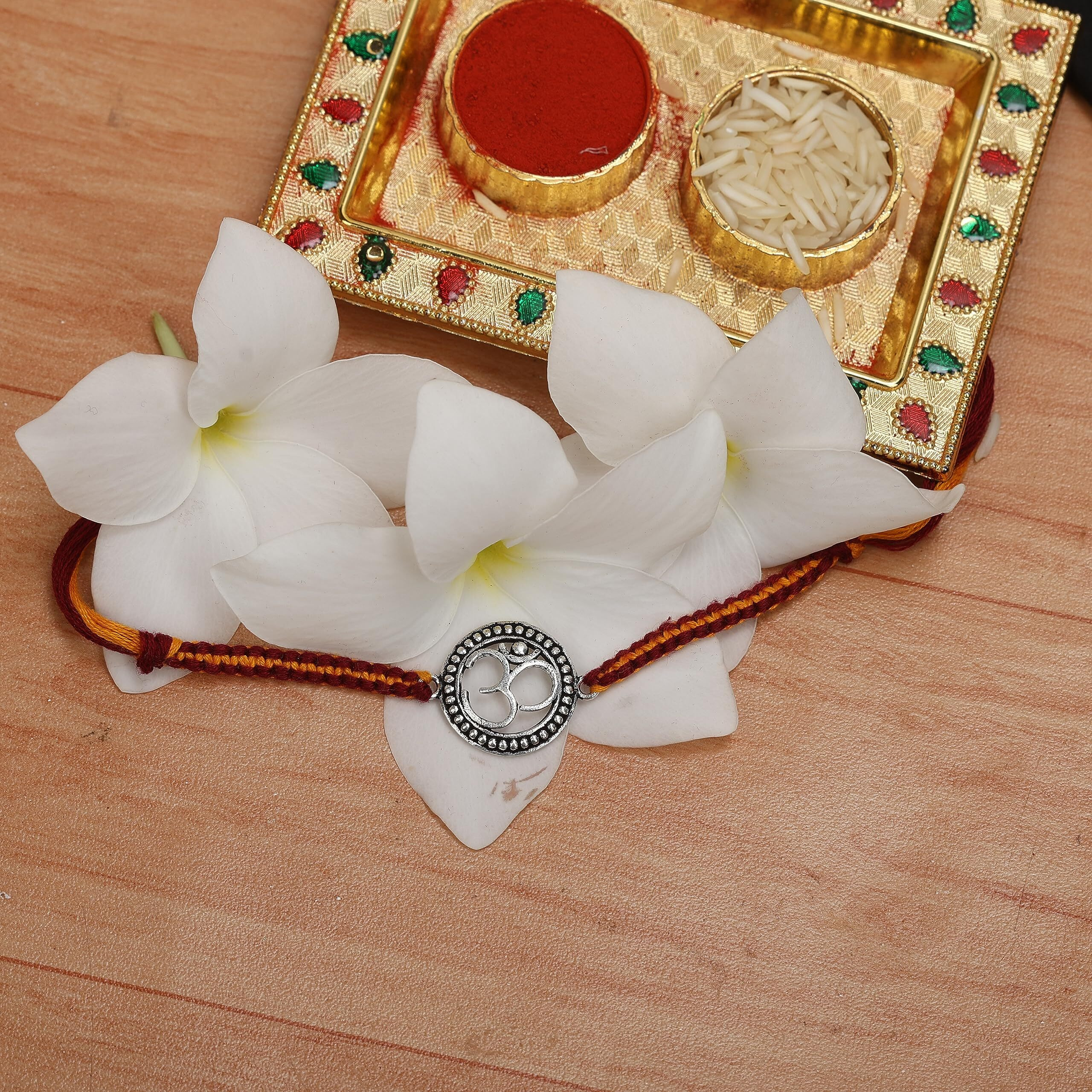 Njels Unisex-Adult 925 Pure Silver Rakhi For Brother Original Silver Antique Oxidised Om Rakhi For Brother Pure Cotton Fancy Rakhi For Brother (Bis Hallmark Stamped)